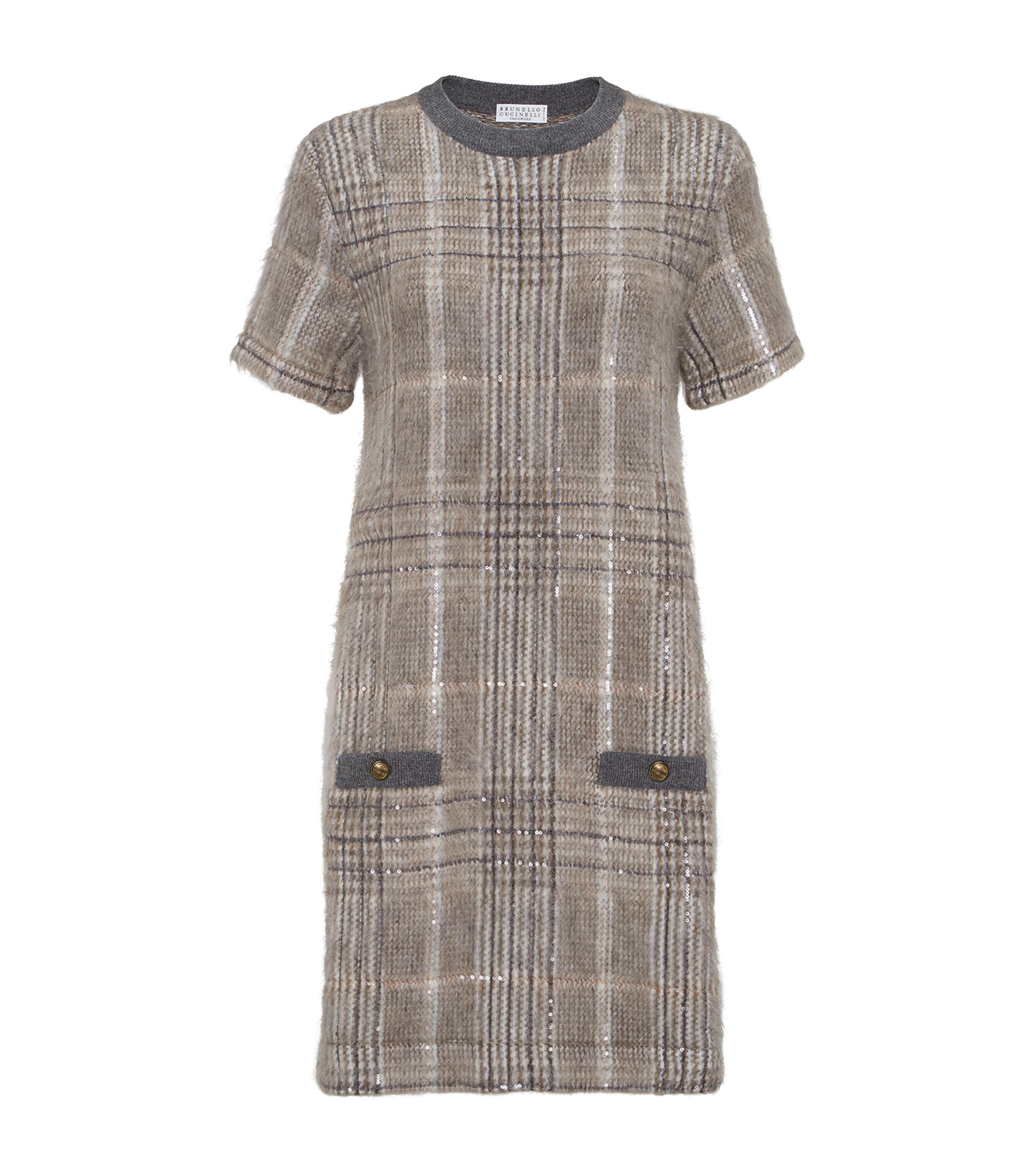 Brunello Cucinelli White Wool-Blend Checked Mini Dress