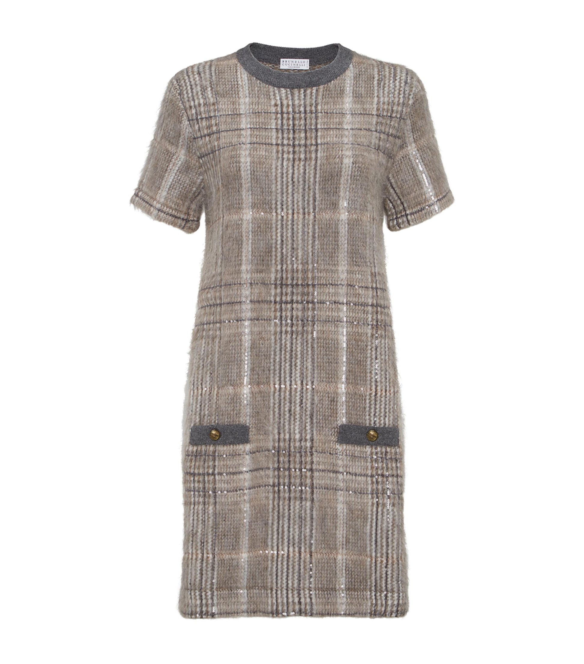 Brunello Cucinelli White Wool-Blend Checked Mini Dress