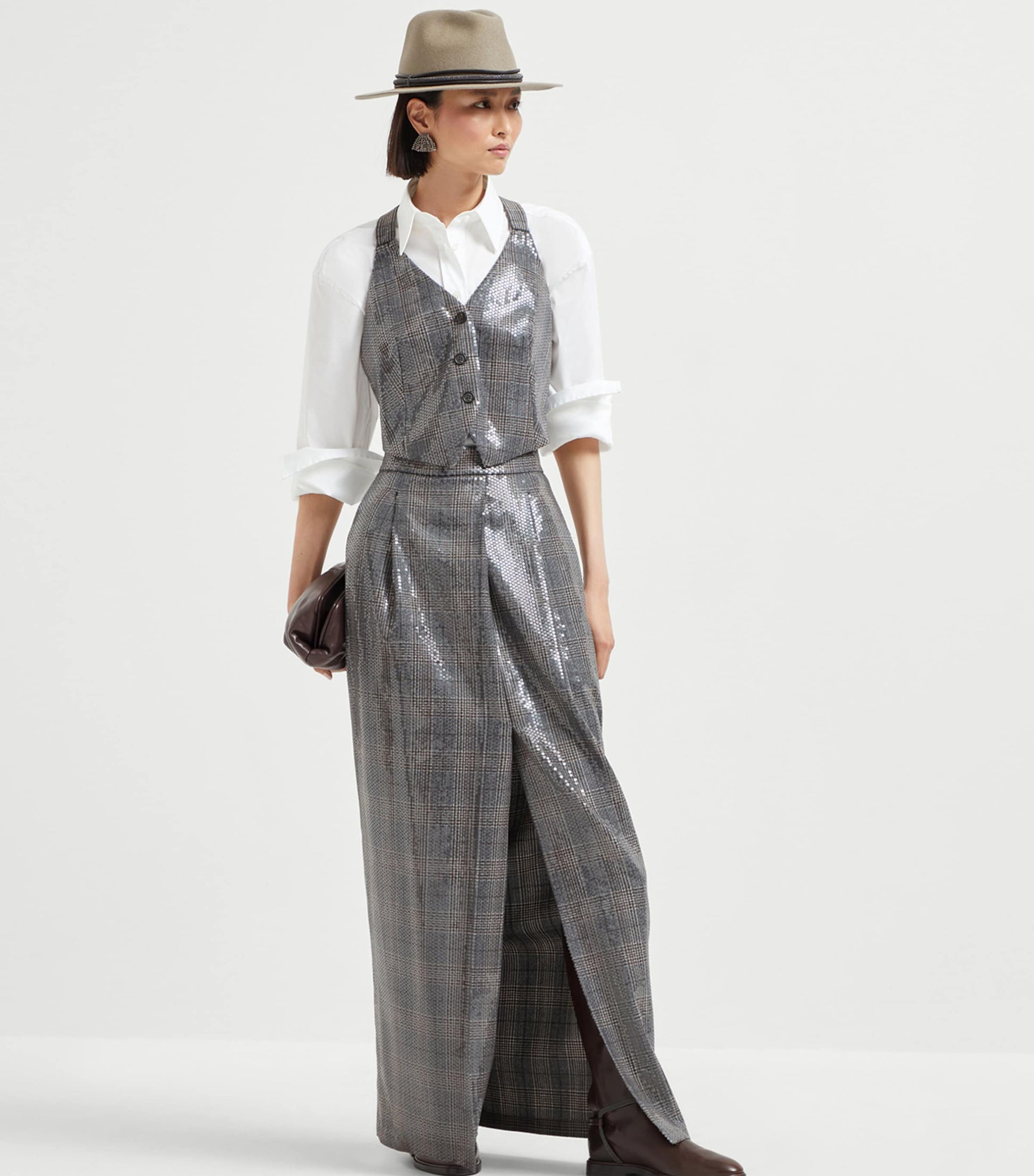 Brunello Cucinelli Grey Sequinned Virgin Wool Skirt