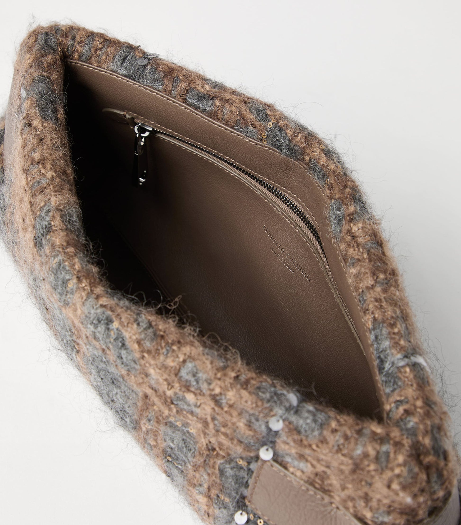 Brunello Cucinelli Grey Wool-Leather Prince of Wales Check Essence Clutch Bag