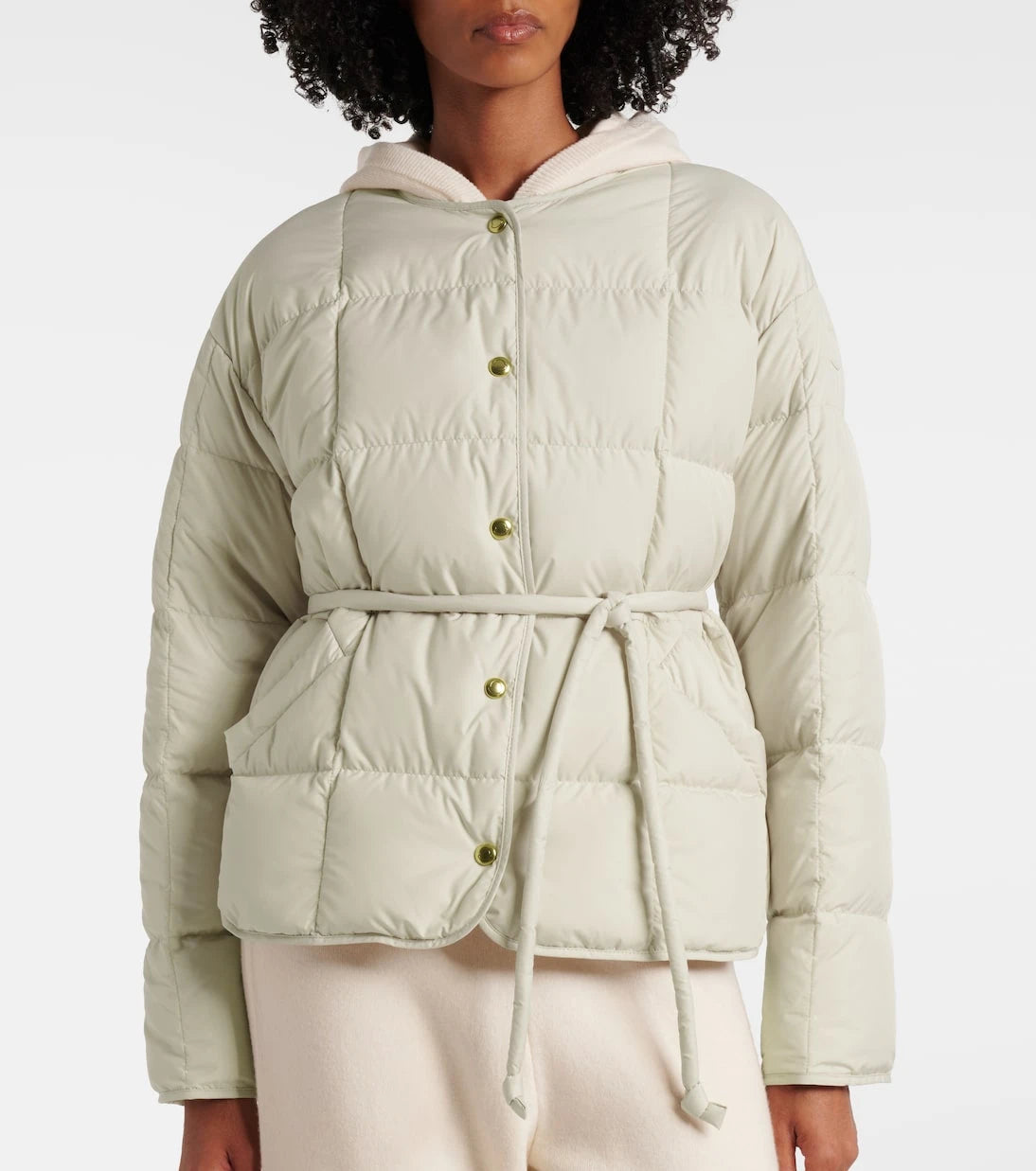 Moncler - Belted leather-trimmed down jacket