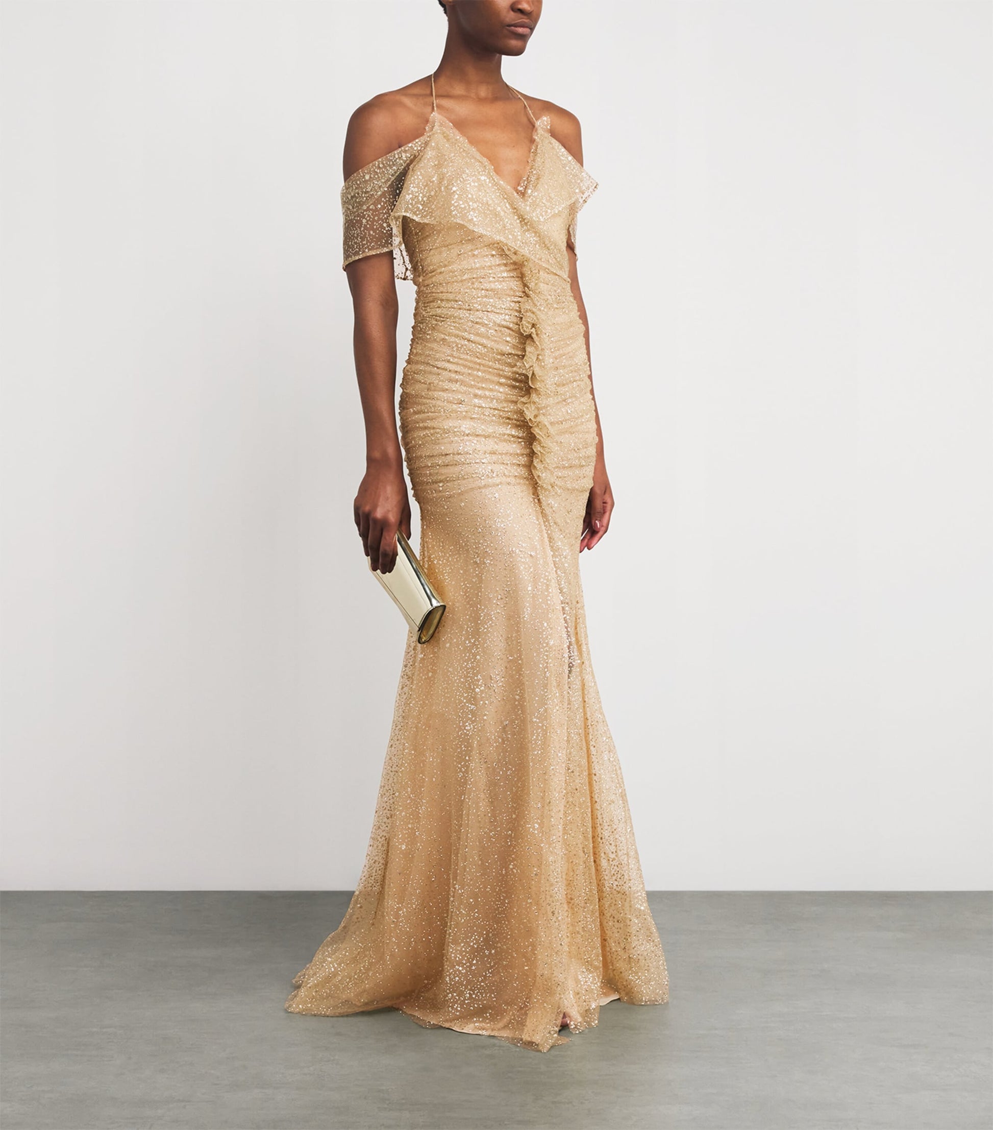 Sandra Mansour Gold Tulle Glitter Nuageux Gown
