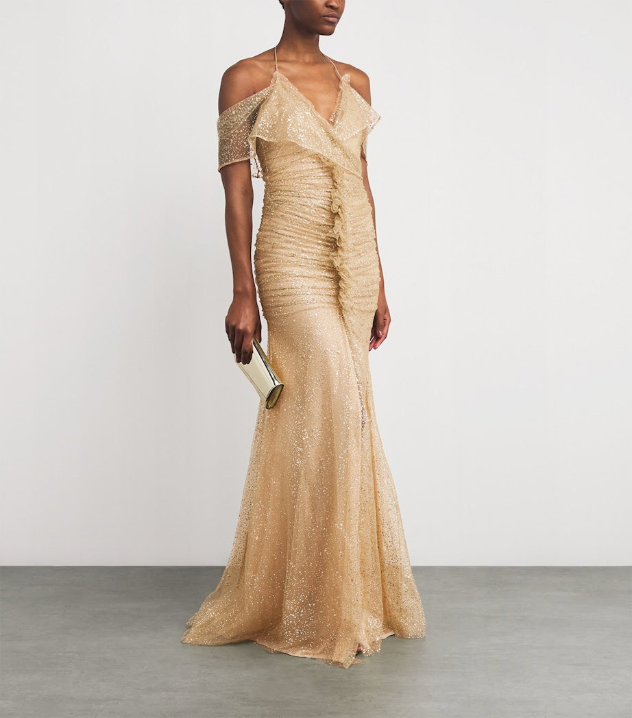 Sandra Mansour Gold Tulle Glitter Nuageux Gown