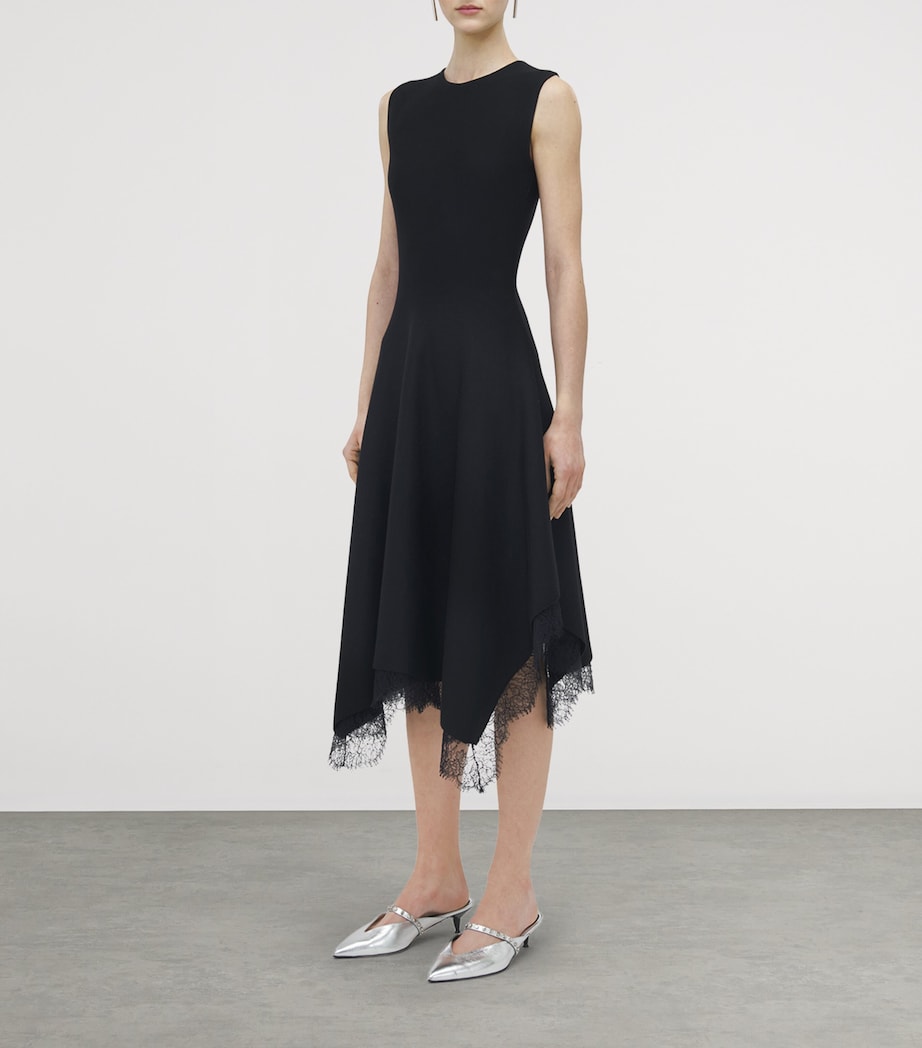 McQueen Black Lace-Trim Asymmetric Midi Dress