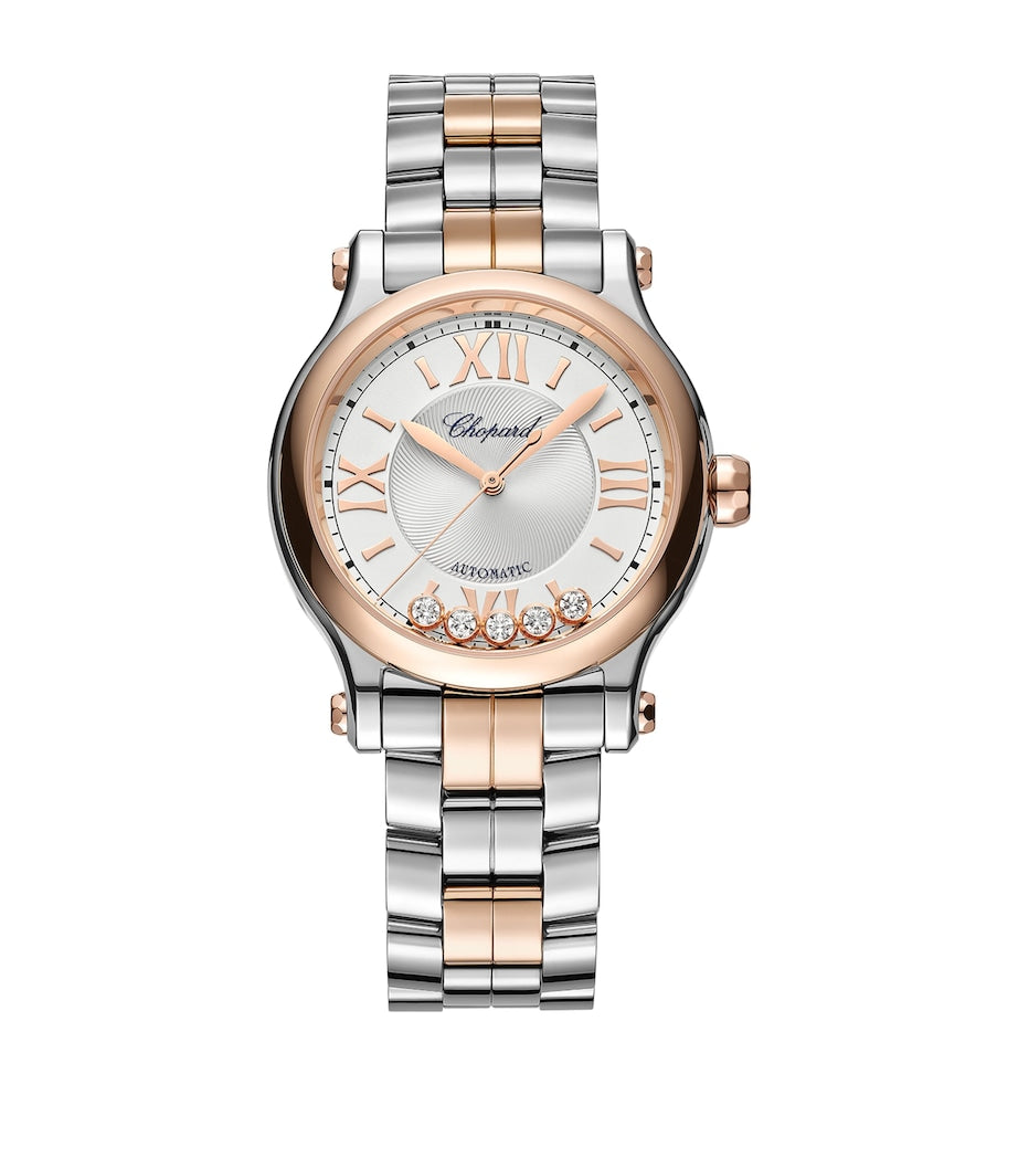 Rose Gold, Stainless Steel and Diamond Happy Sport Automatic Watch 33mm