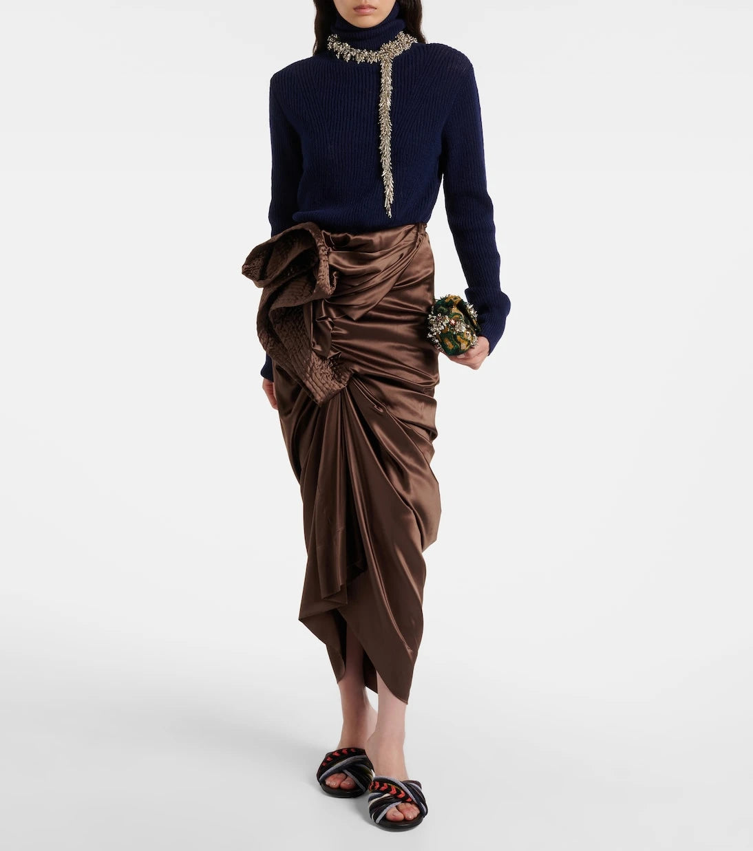 Dries Van Noten - Draped silk-blend satin midi skirt