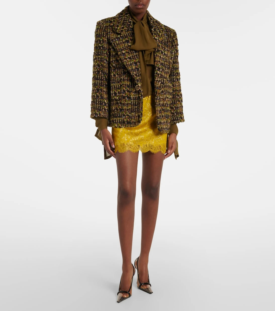 Saint Laurent - Lace-trimmed jacquard lamé miniskirt