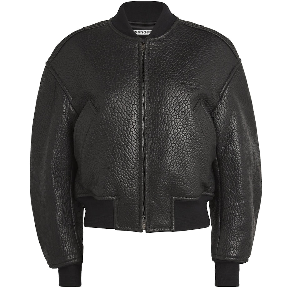 Alexander Wang Black Lambskin Cropped Bomber Jacket