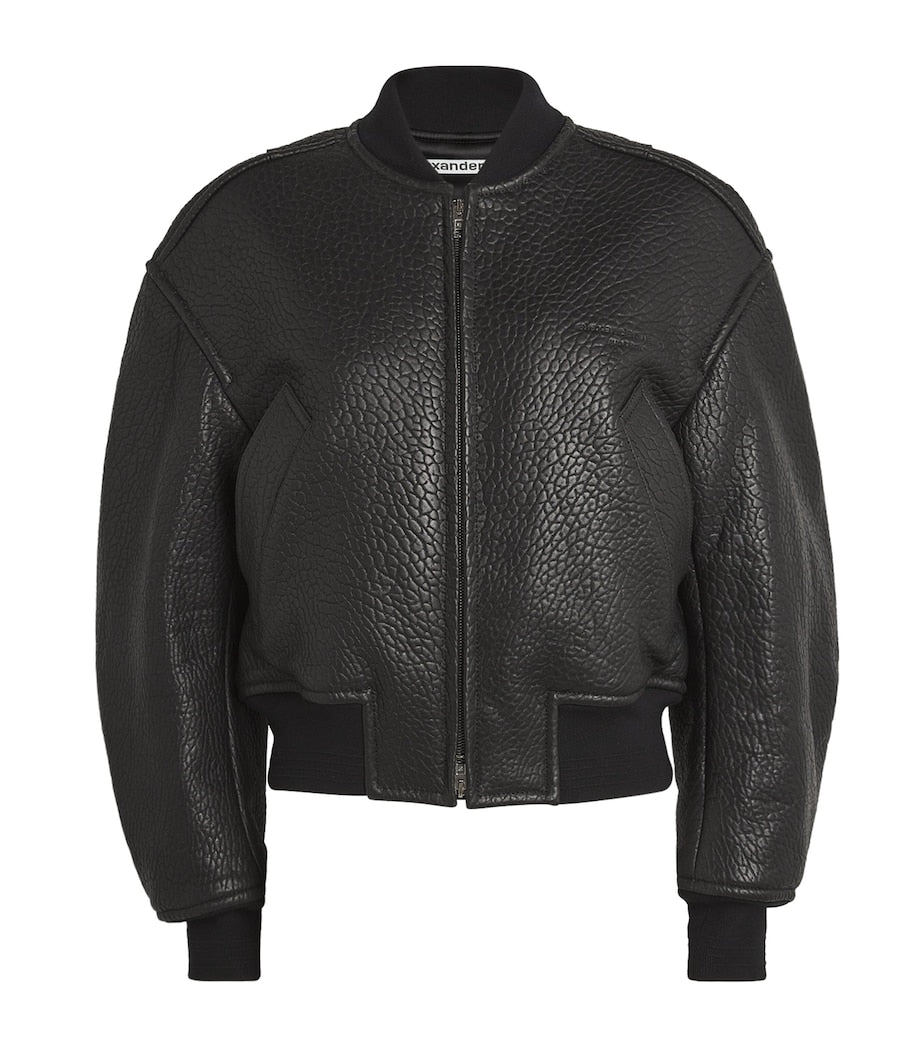 Alexander Wang Black Lambskin Cropped Bomber Jacket
