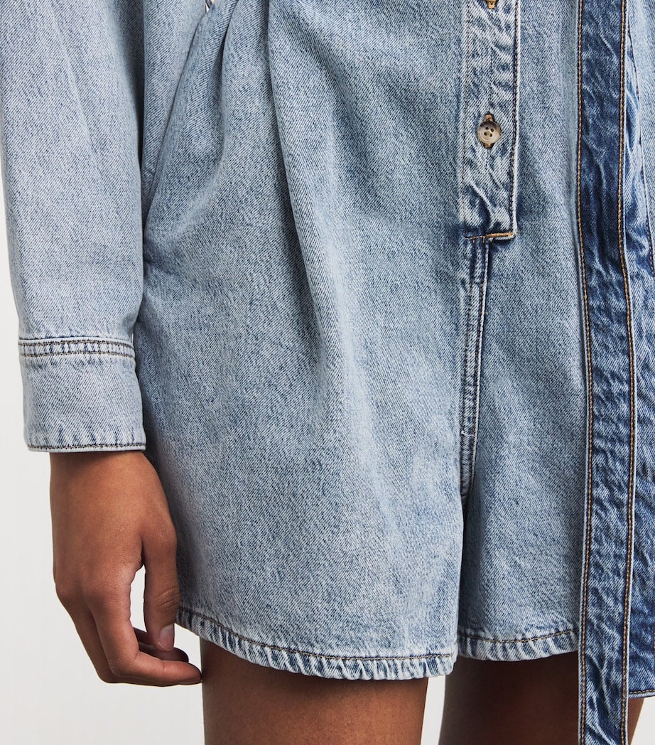 Blue Cotton-Blend Denim Belted Playsuit