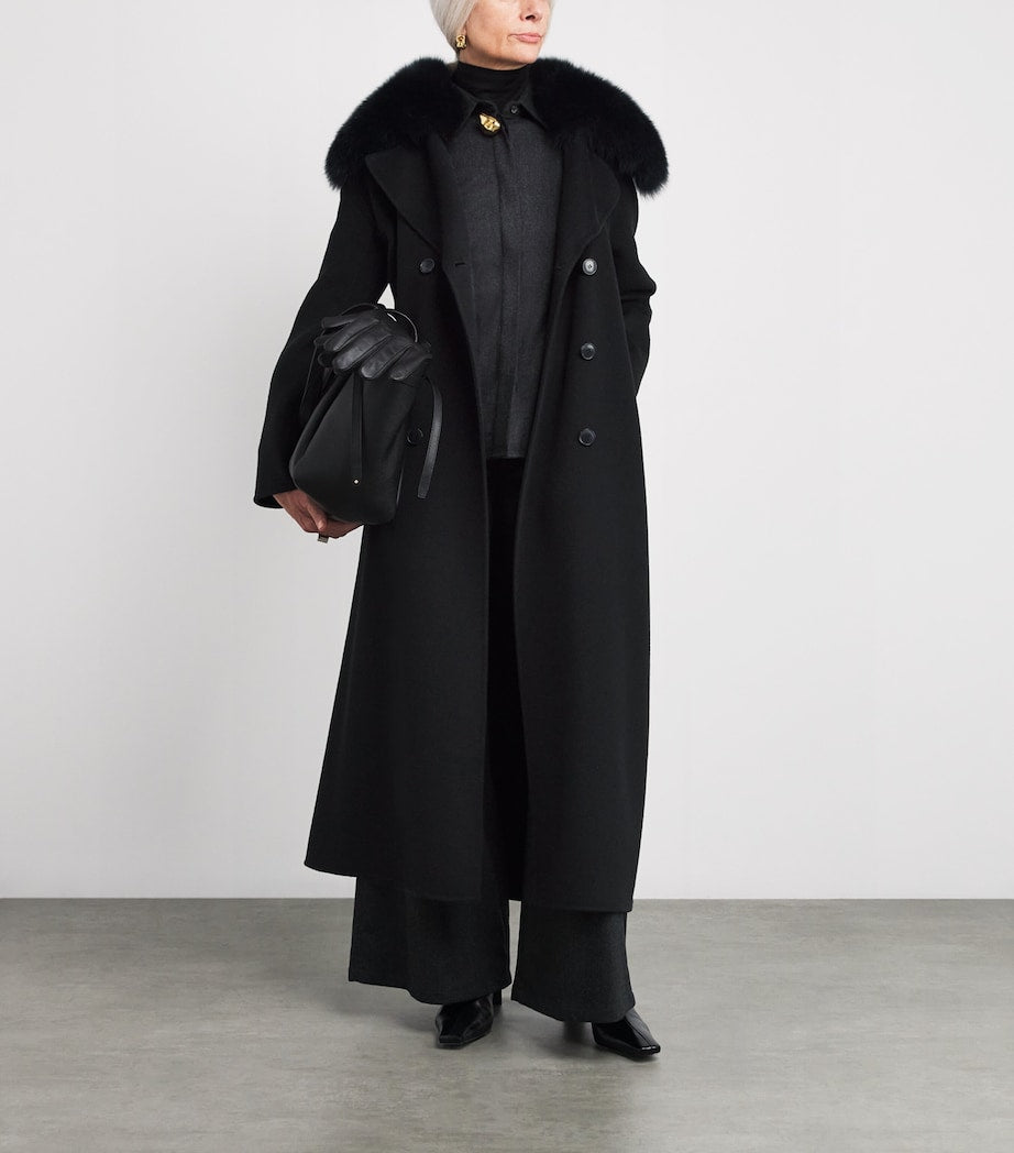 Yves Salomon Black Fur-Trim Double-Breasted Coat