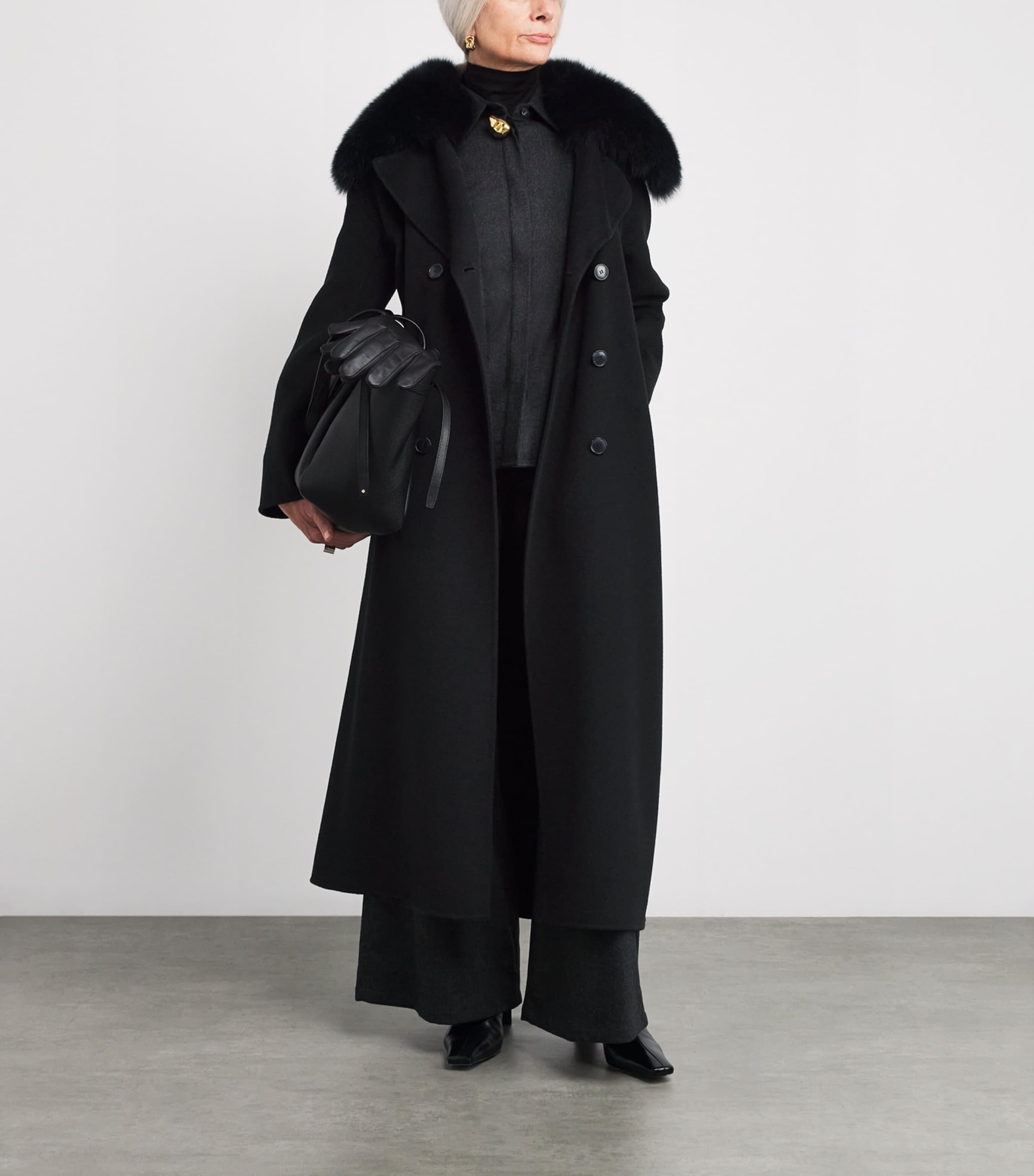 Yves Salomon Black Fur-Trim Double-Breasted Coat