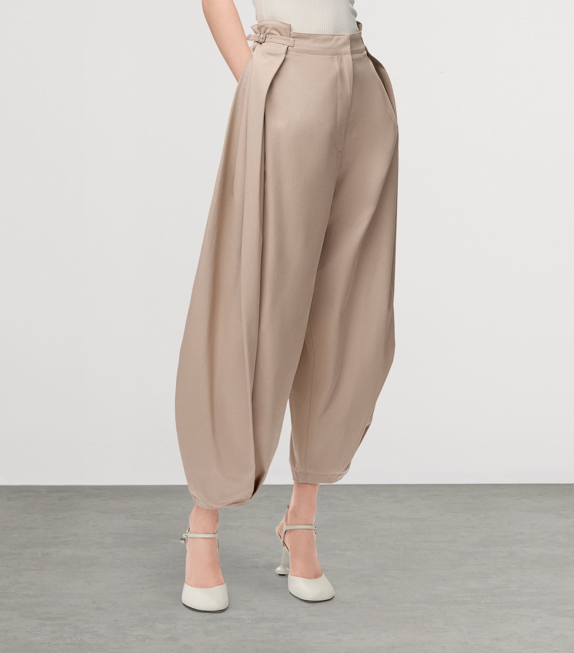 LOEWE Beige Cotton-Silk Draped Barrel-Leg Trousers