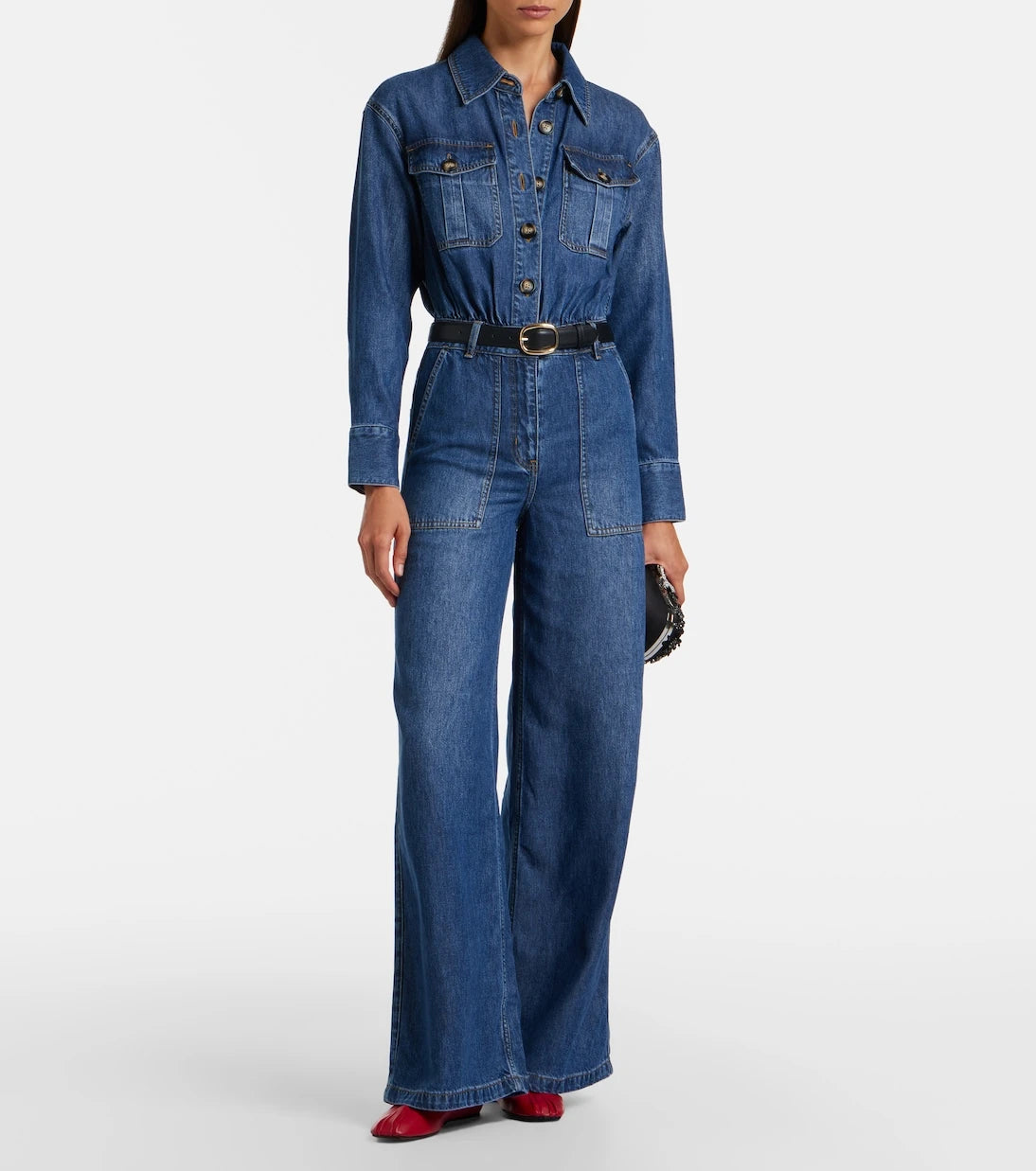 Self-Portrait - Belted denim jumpsuit