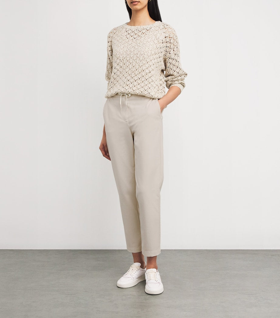 Beige Cotton-Blend Drawstring Trousers