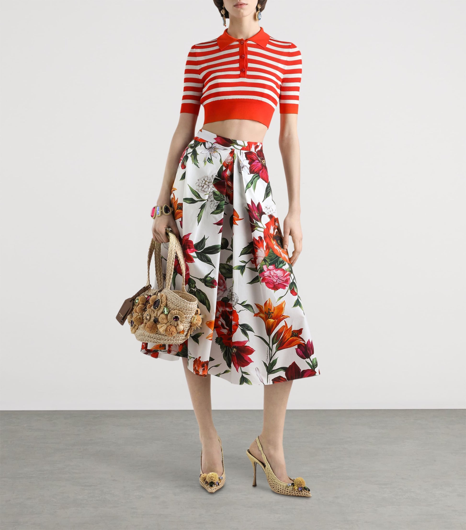 Multi Cotton Poplin Pleated Floral Print Midi Skirt