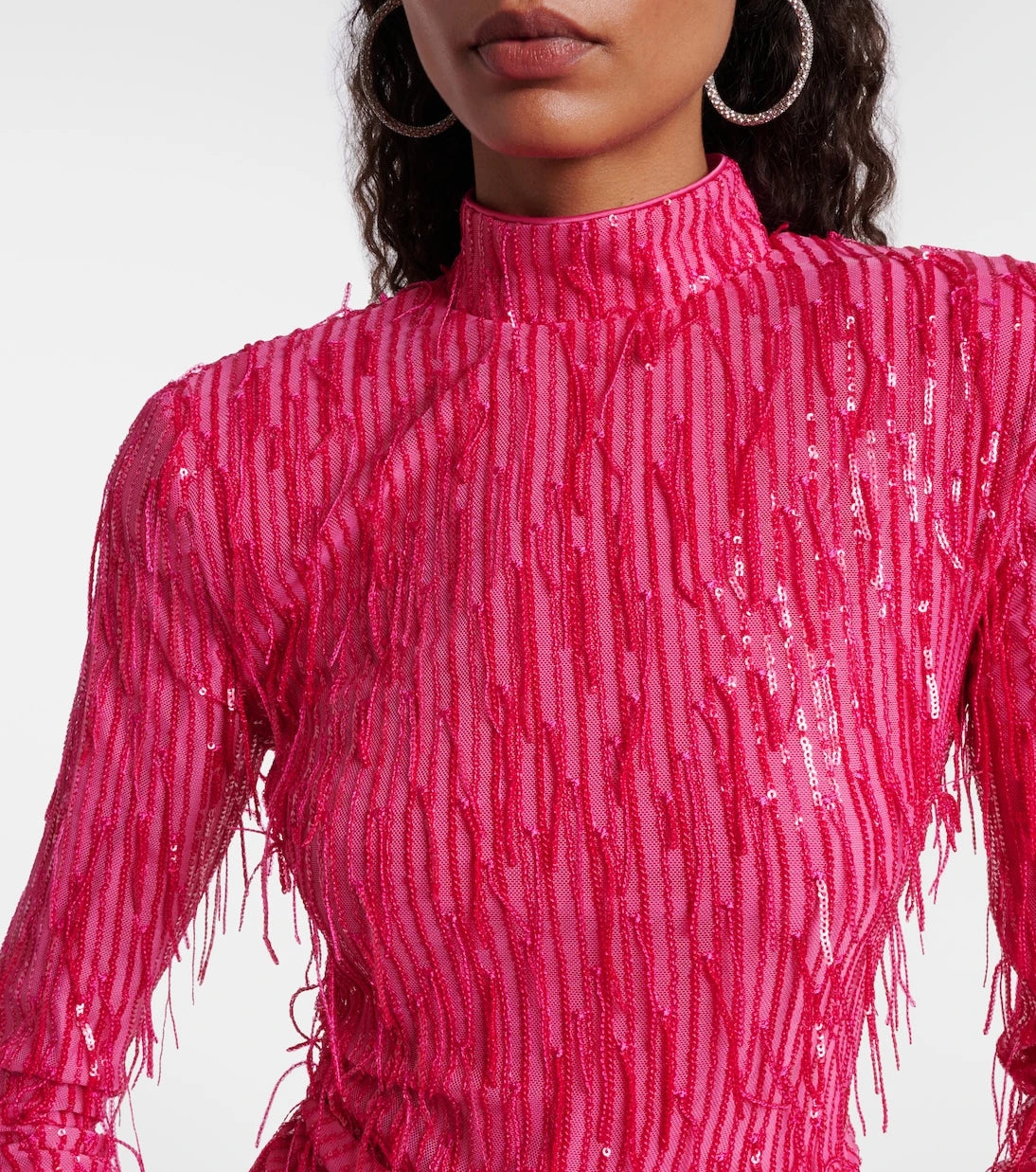 Rotate - Fringed ruched sequined mesh minidress