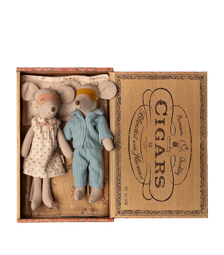 Maileg Mum and Dad Mice Bedtime Cigarbox Set (21cm)