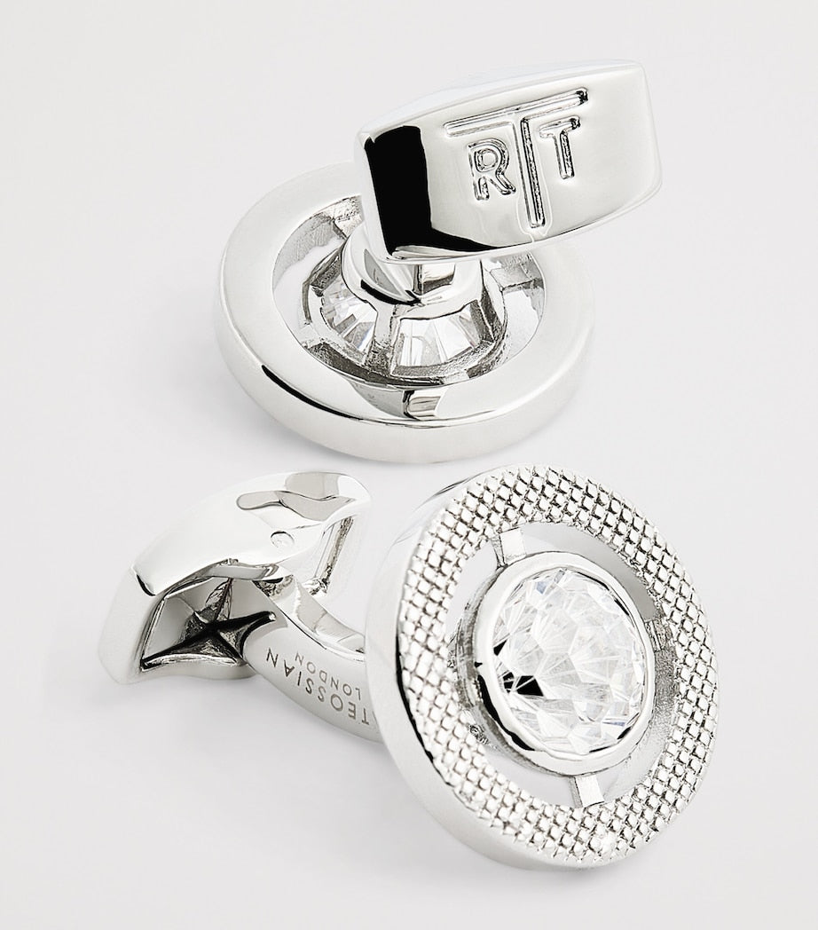 Rhodium-Plated Cubic Zirconia Halo Round Cufflinks