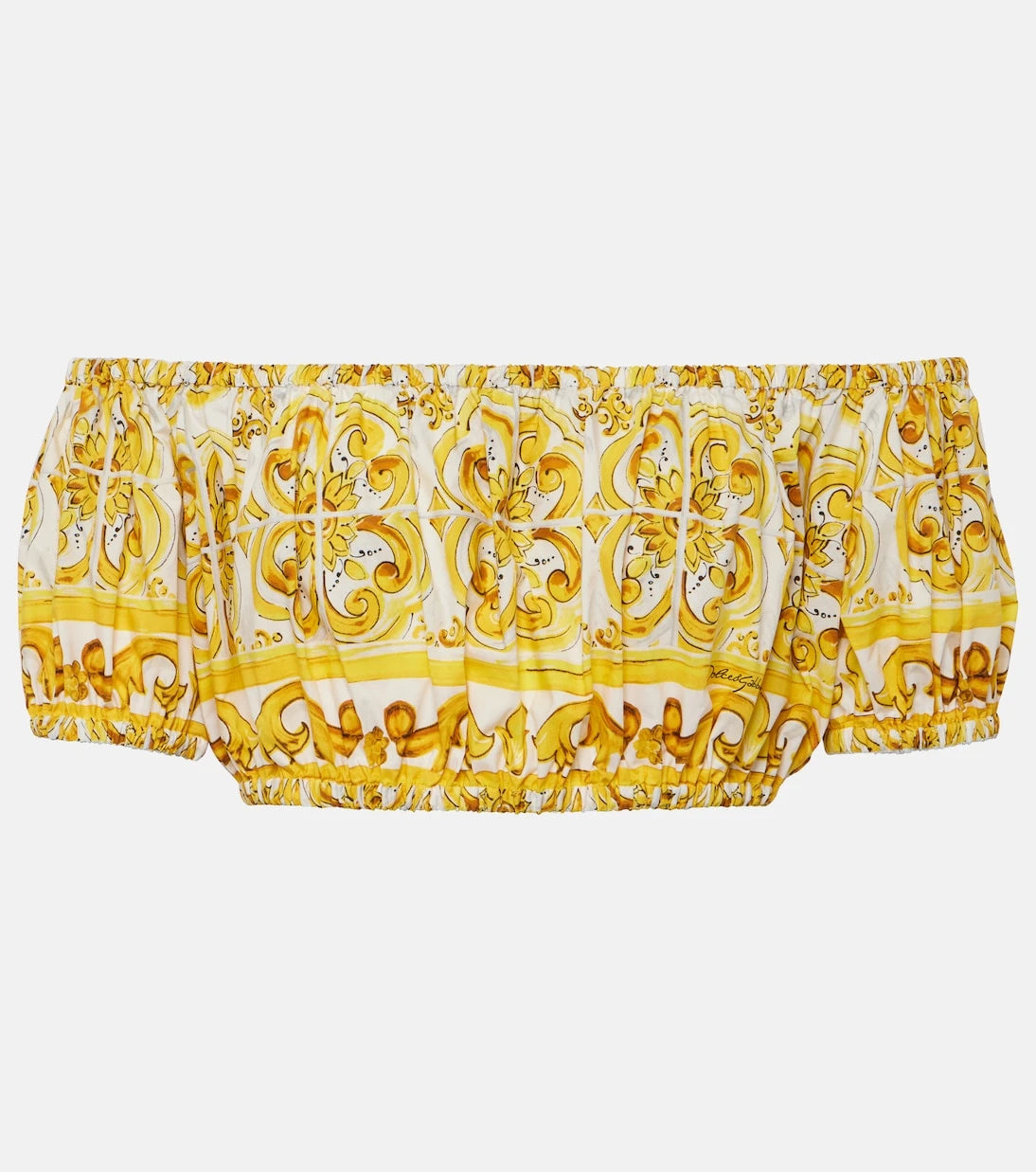 Dolce&Gabbana - بلوزة قصيرة من القطن مكشوفة الأكتاف بنقشة مايوليكا