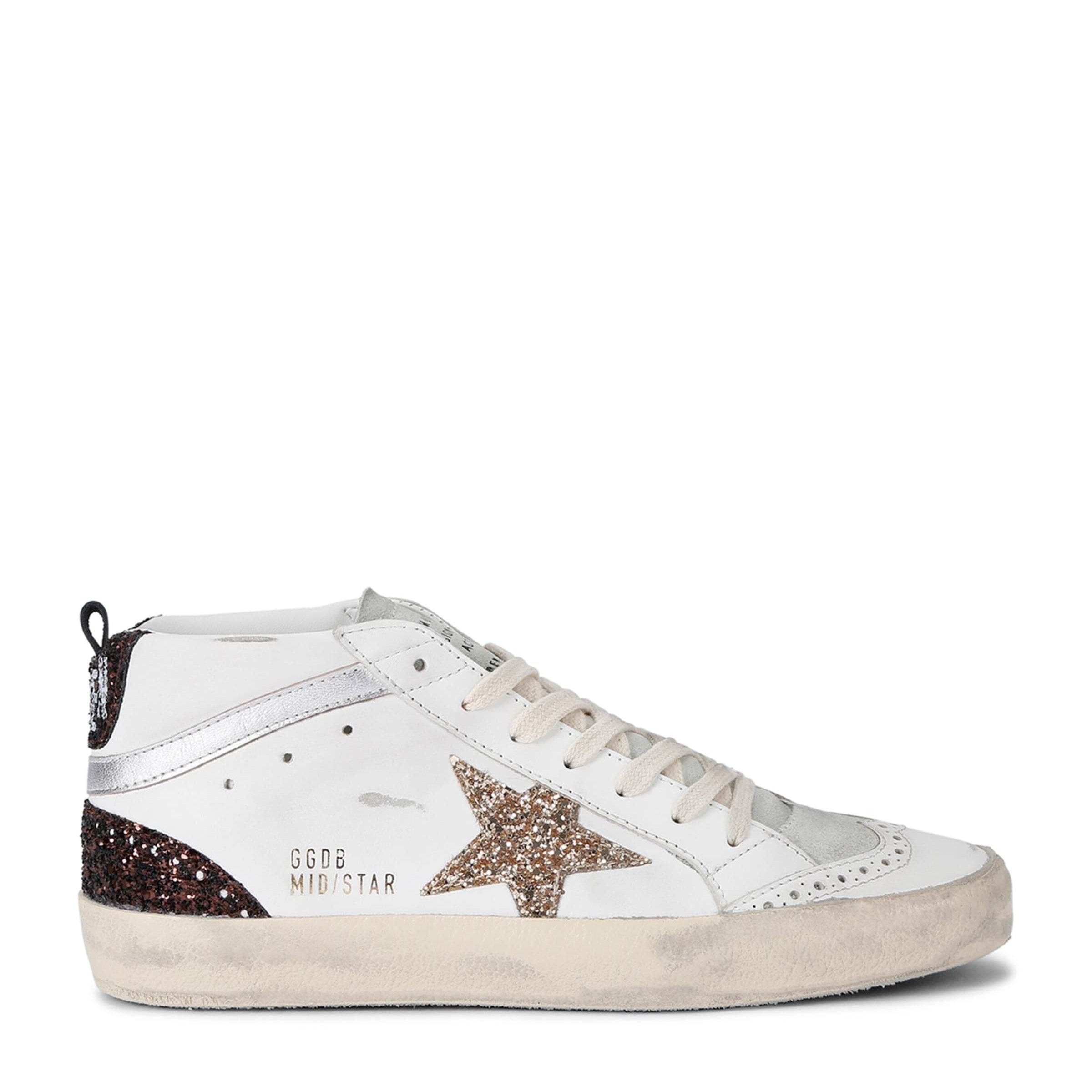 White Leather-Glitter Mid Star Sneakers