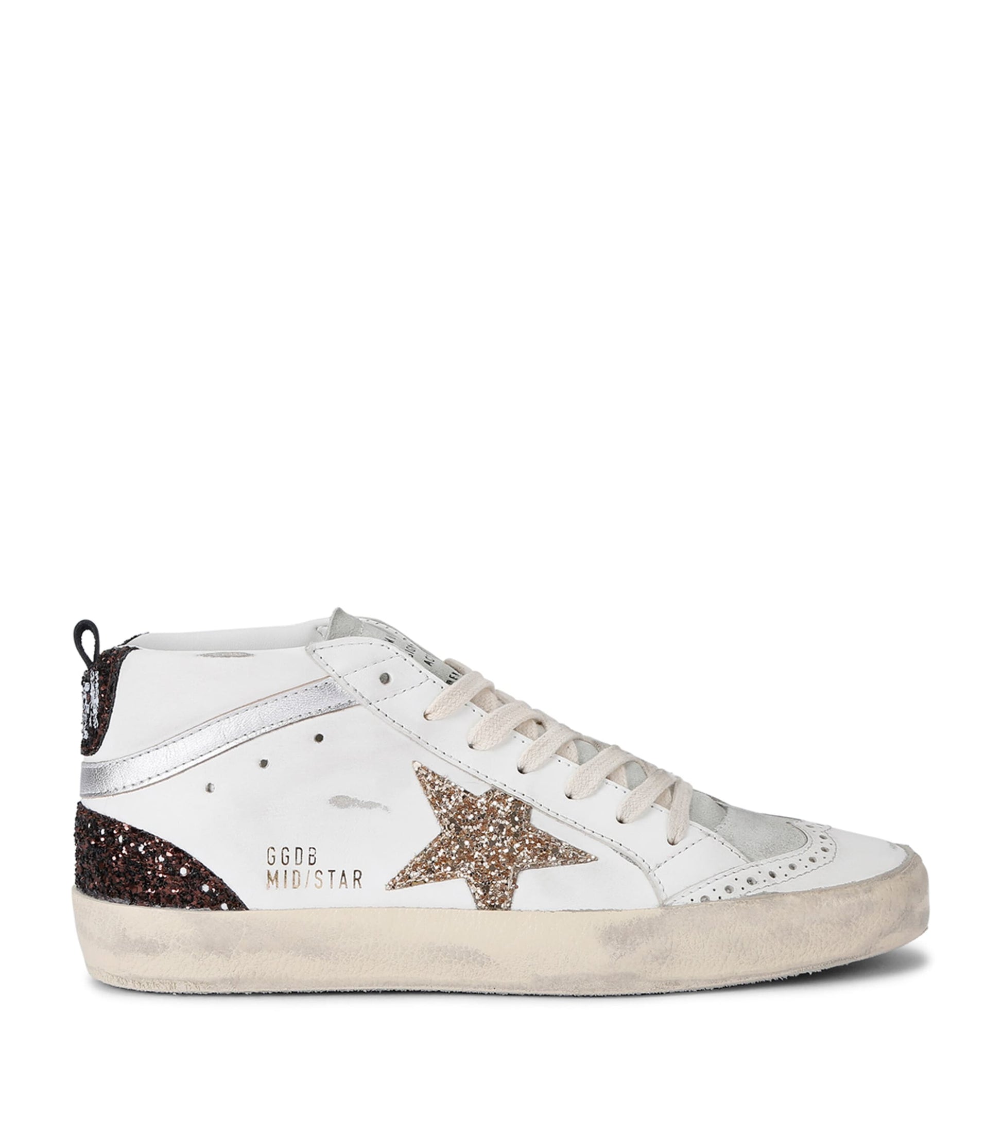 White Leather-Glitter Mid Star Sneakers