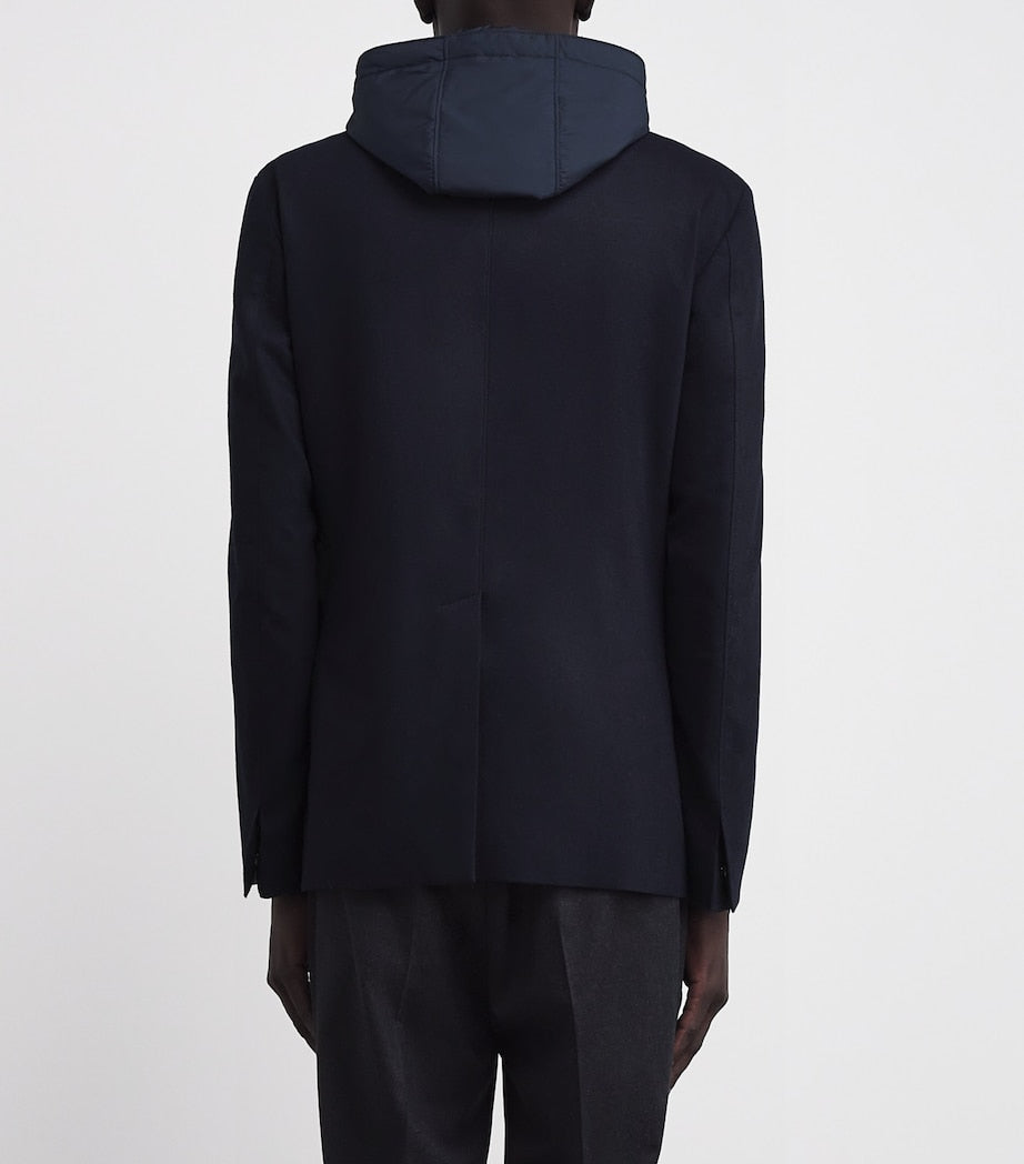 Navy Hooded Wool-Blend Blazer