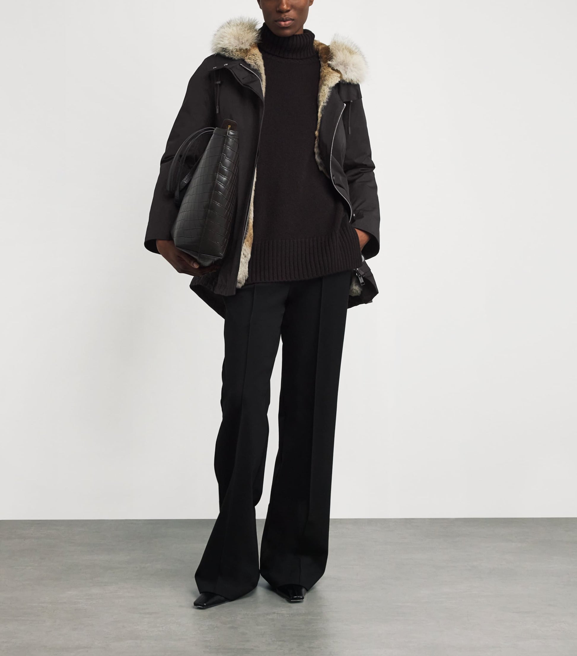 Yves Salomon Black Down-Coyote-Rabbit Parka Jacket (72cm)