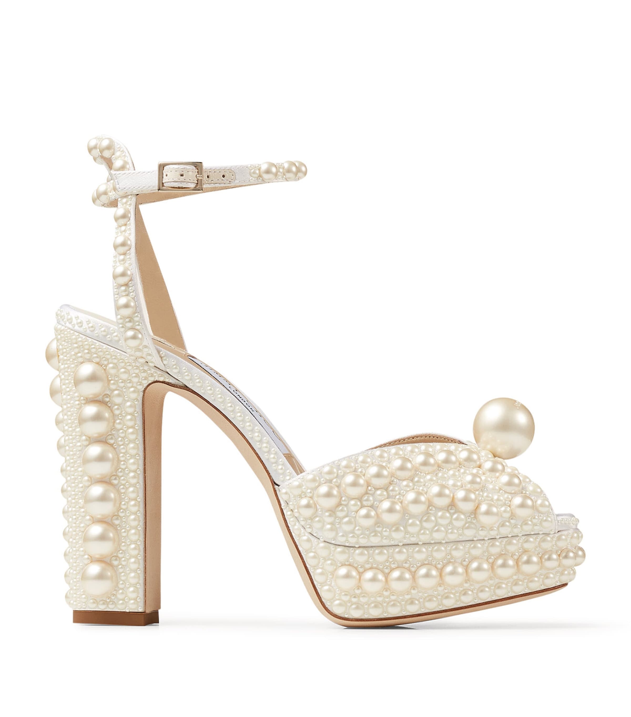 Jimmy Choo White Sacaria 120 Pearl-Embellished Satin Platform Sandals