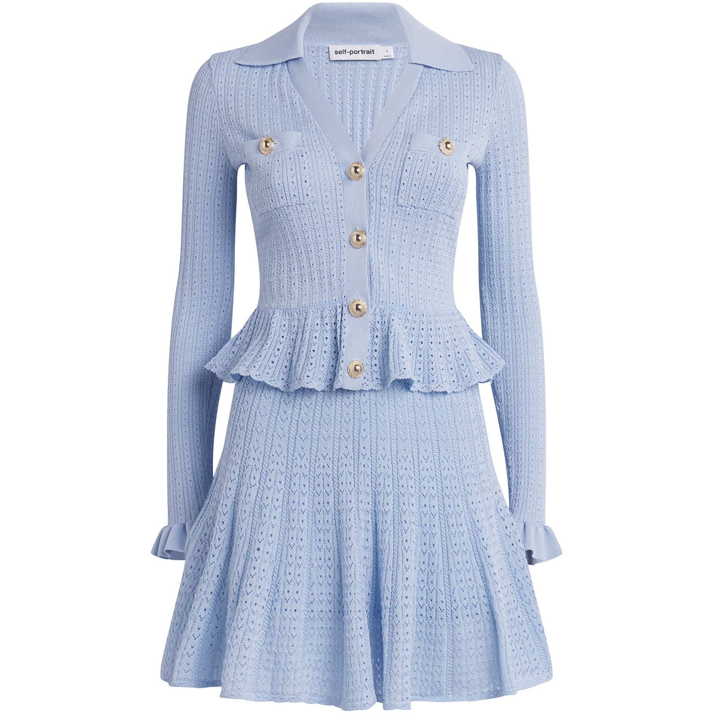 Self-Portrait Blue Pointelle Knit Mini Dress