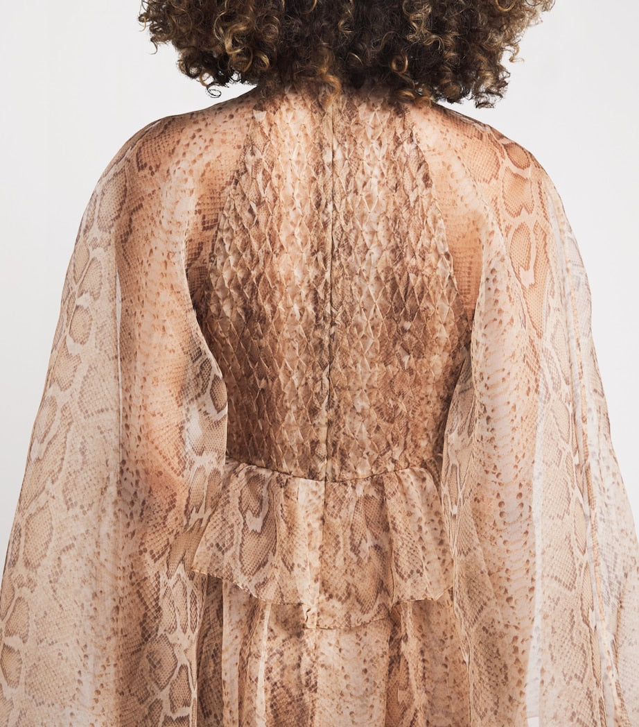 Zimmermann Brown Silk Memento Smocked Flutter Maxi Dress
