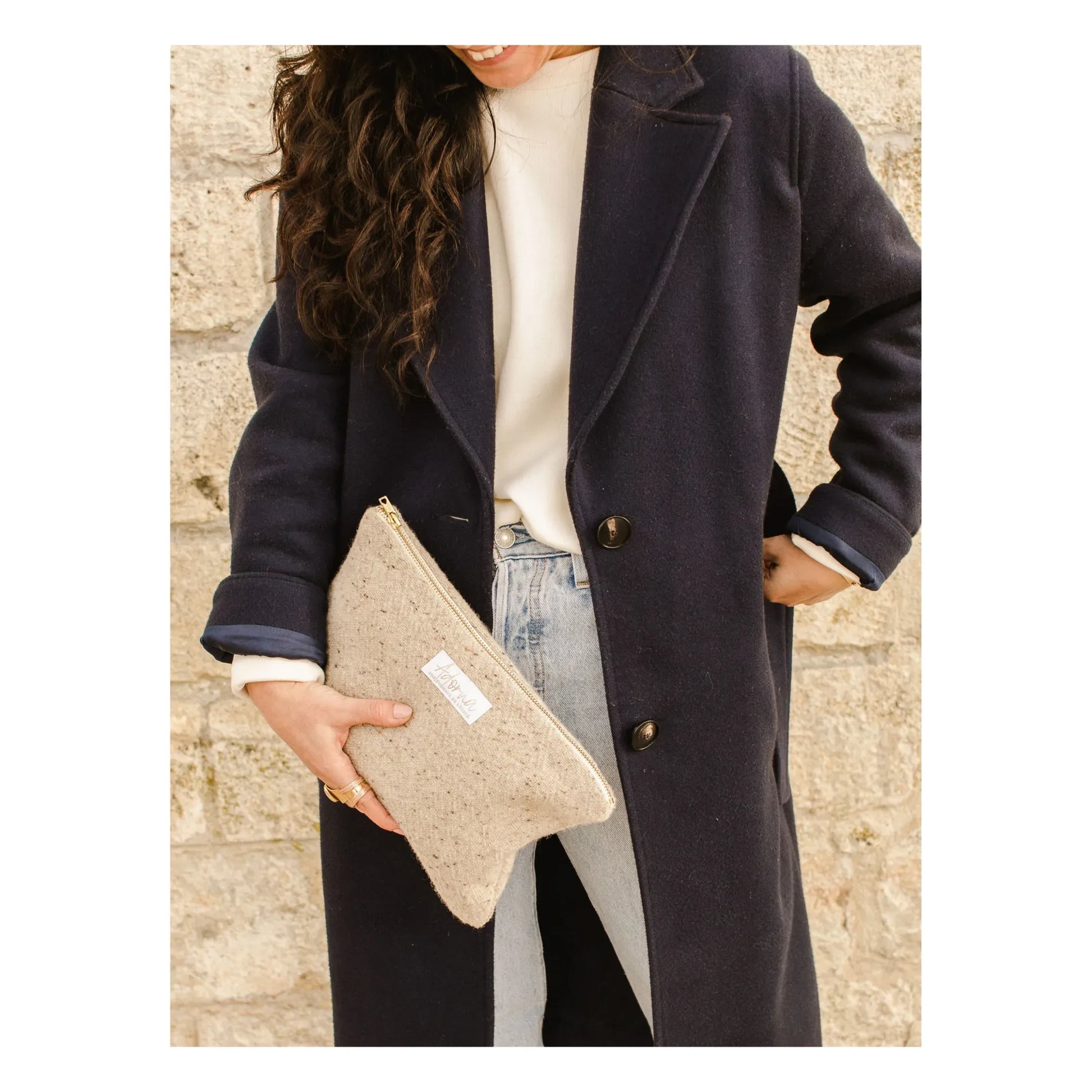 Adorna - Faustine Wool and Linen Clutch Bag | Heather beige