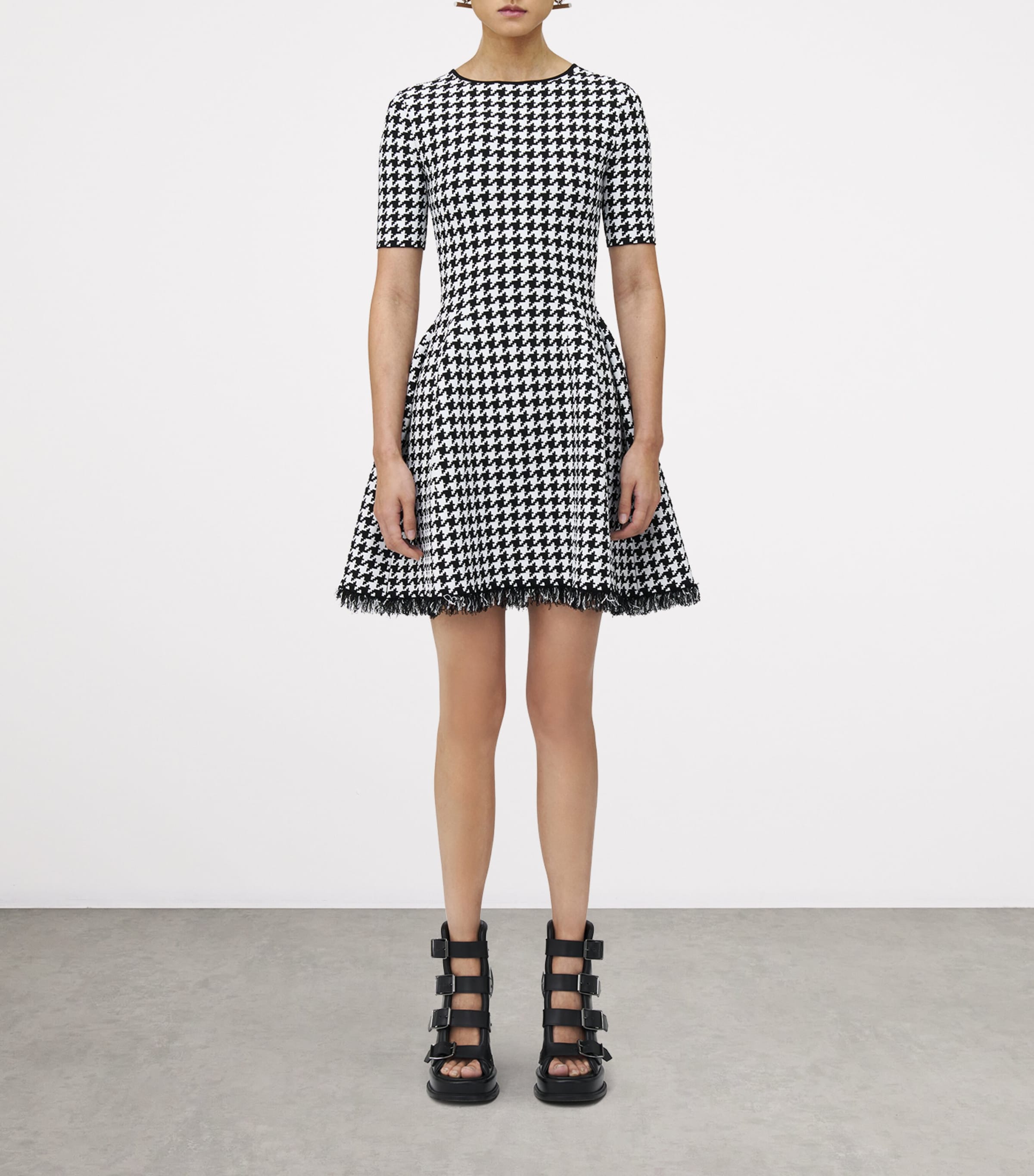 McQueen Black Frayed Houndstooth Mini Dress