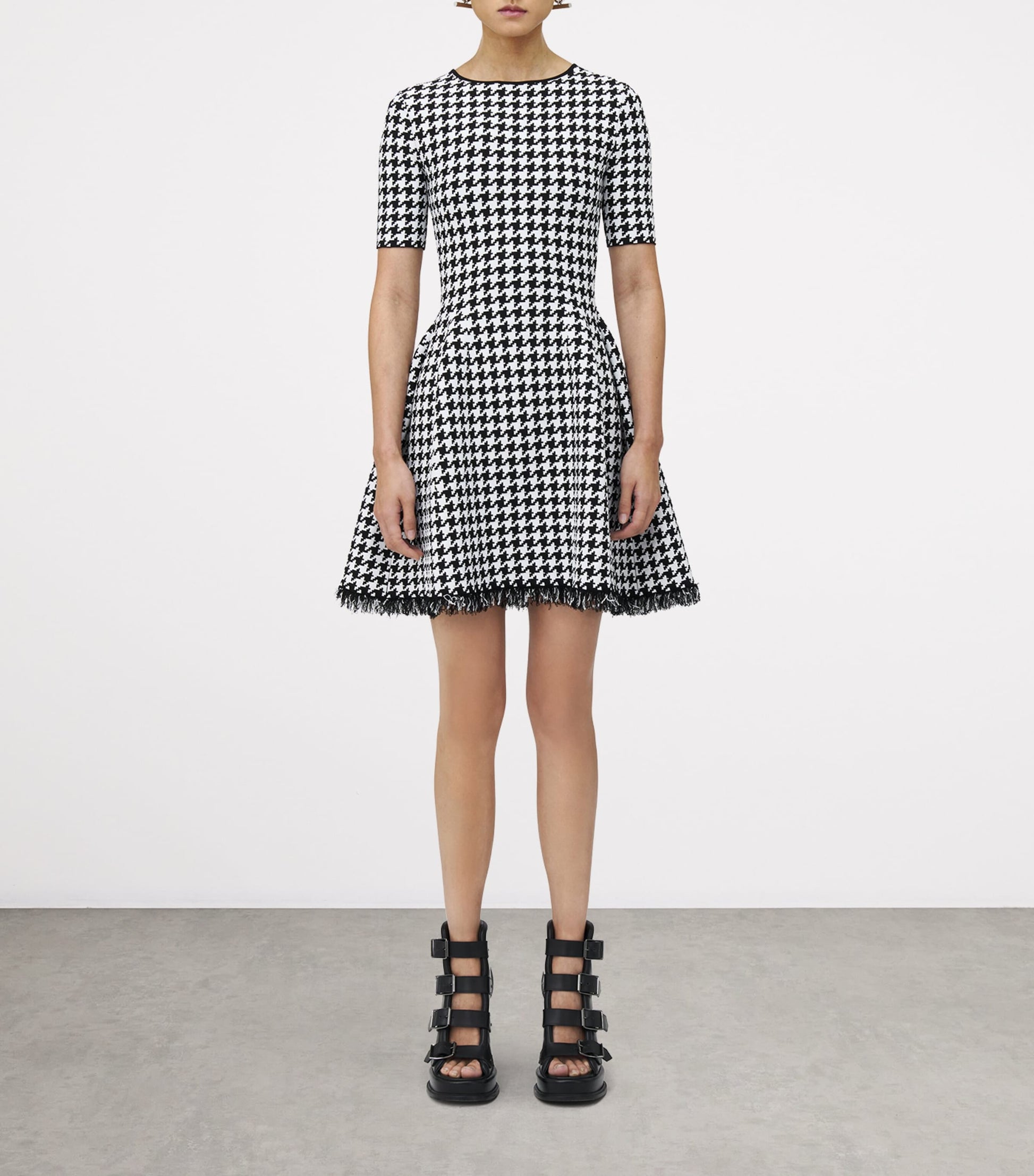McQueen Black Frayed Houndstooth Mini Dress