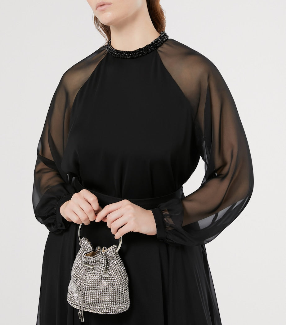 Marina Rinaldi Black Cady Chiffon-Sleeve Cambusa Blouse