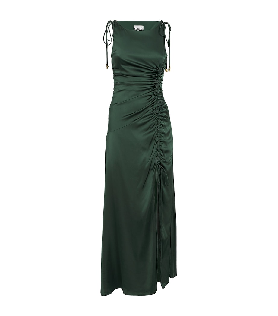 Green Satin Ruched Maxi Dress