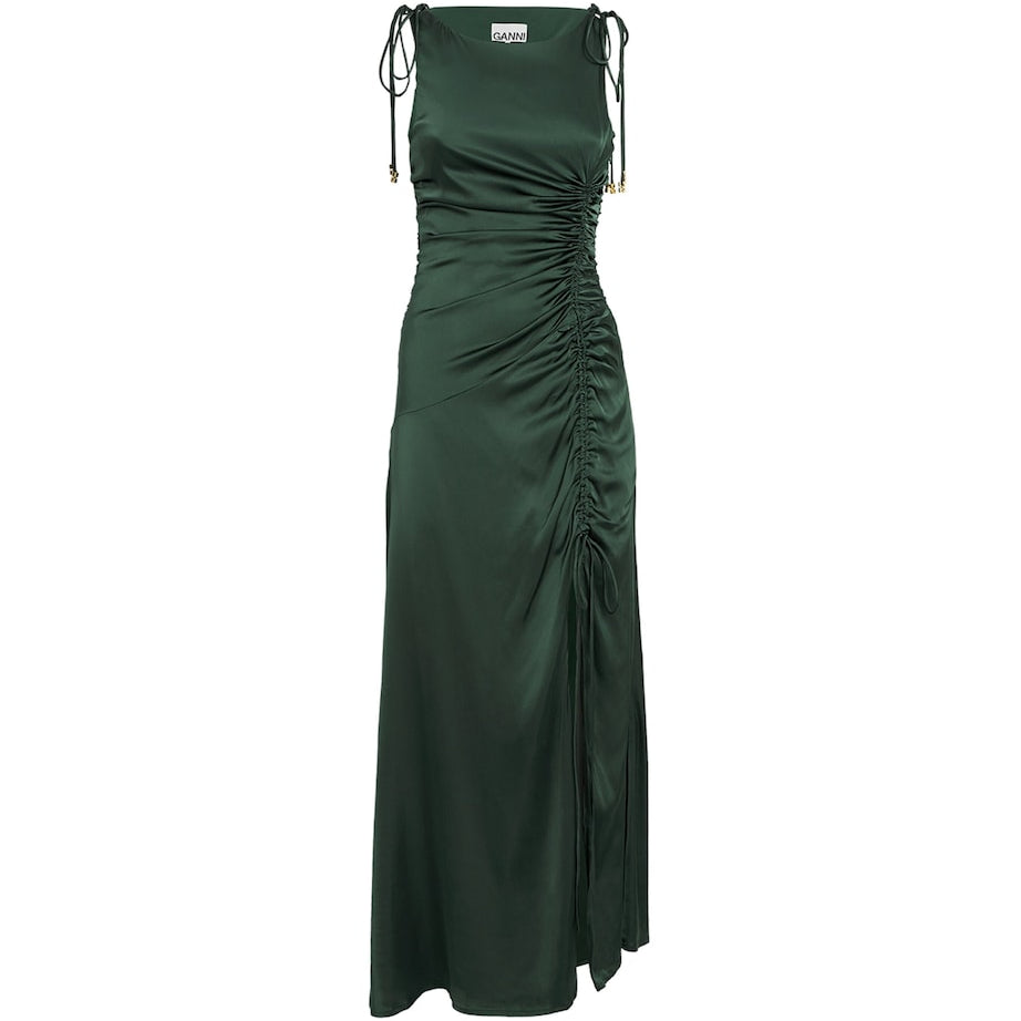 Green Satin Ruched Maxi Dress