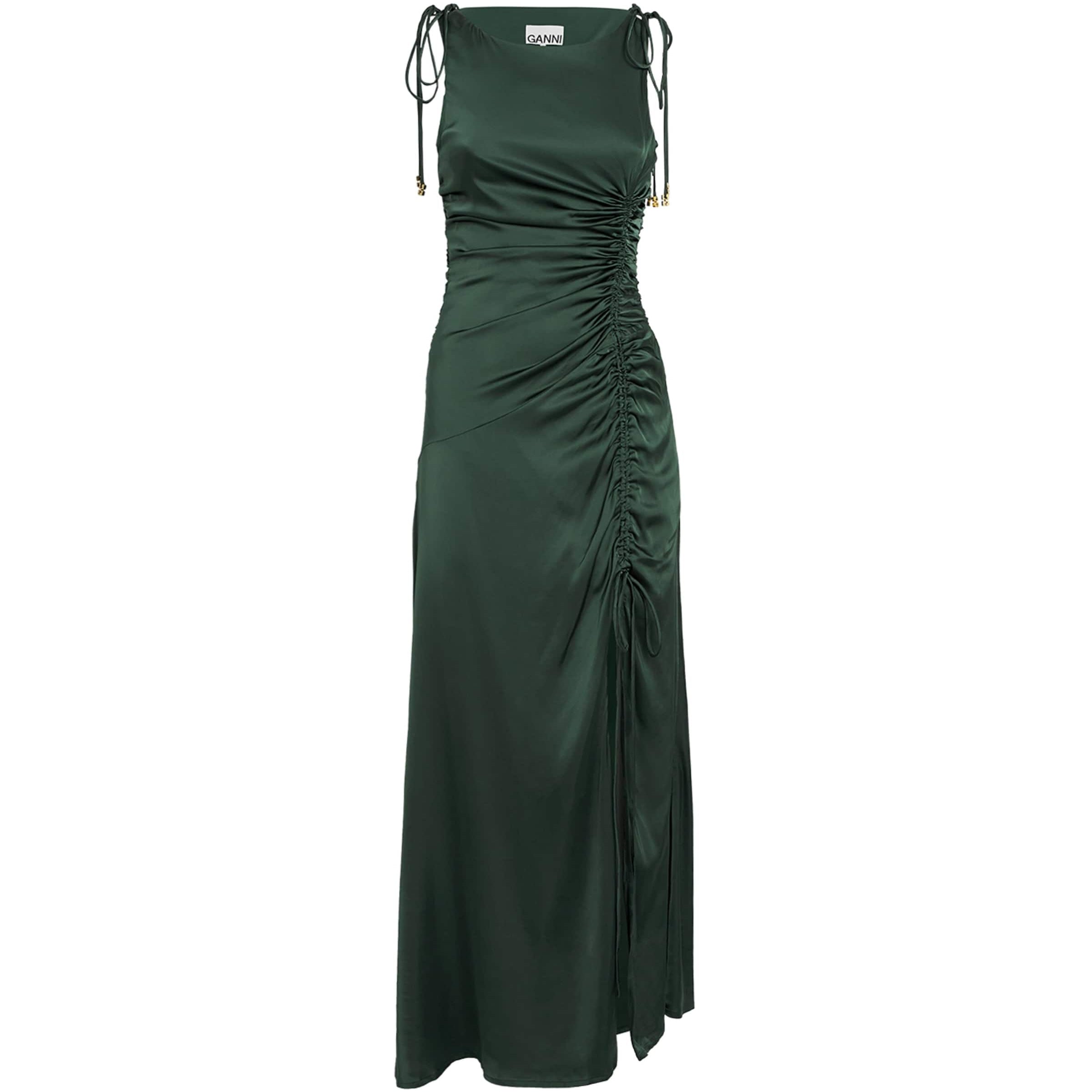GANNI Green Satin Ruched Maxi Dress