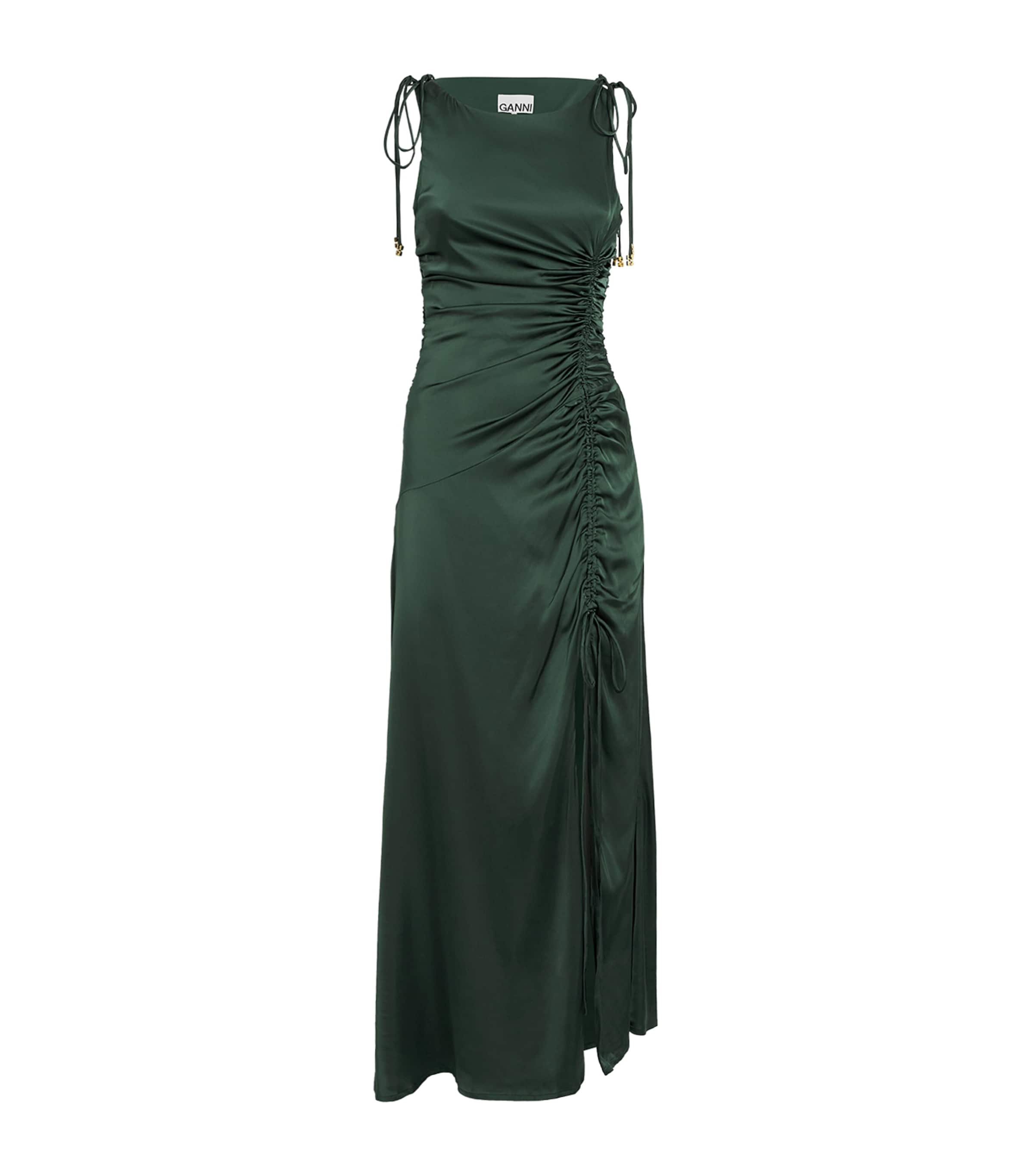 GANNI Green Satin Ruched Maxi Dress