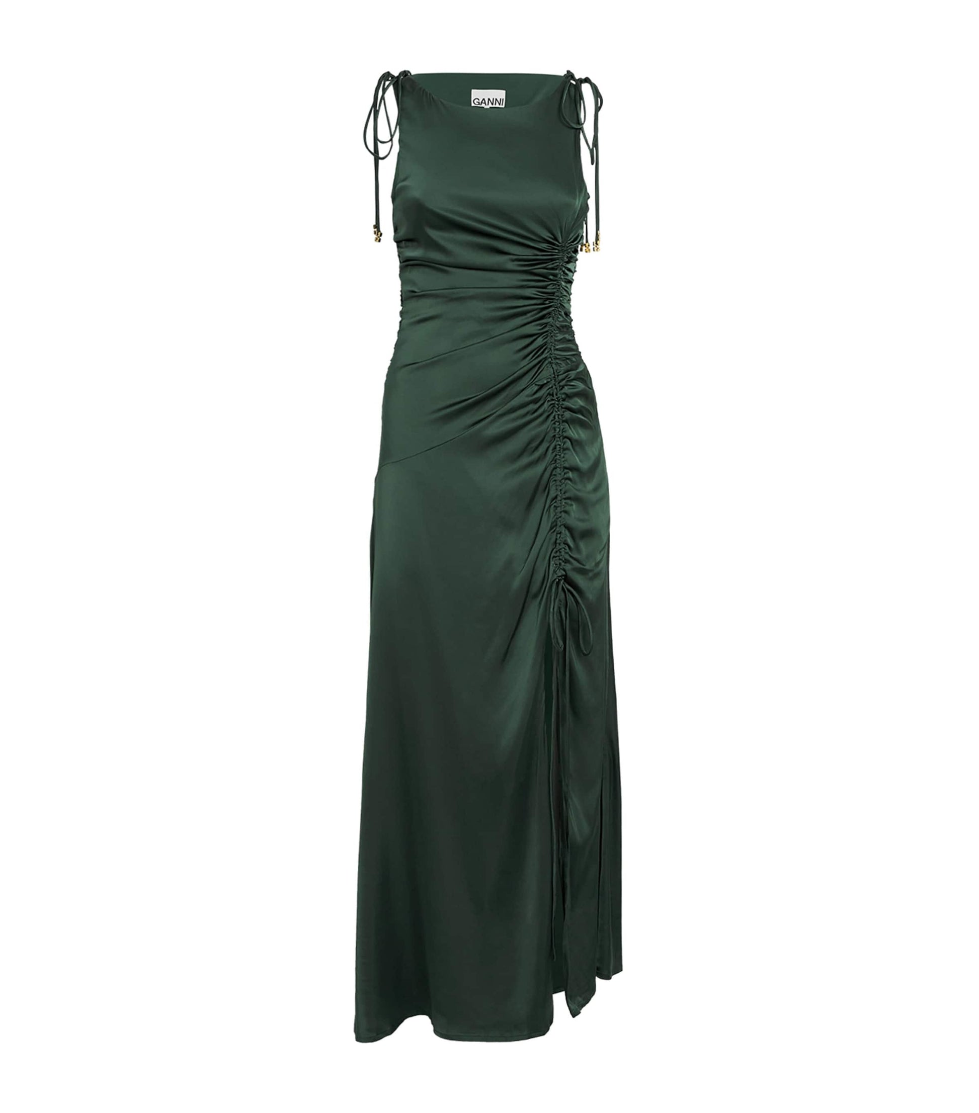 GANNI Green Satin Ruched Maxi Dress