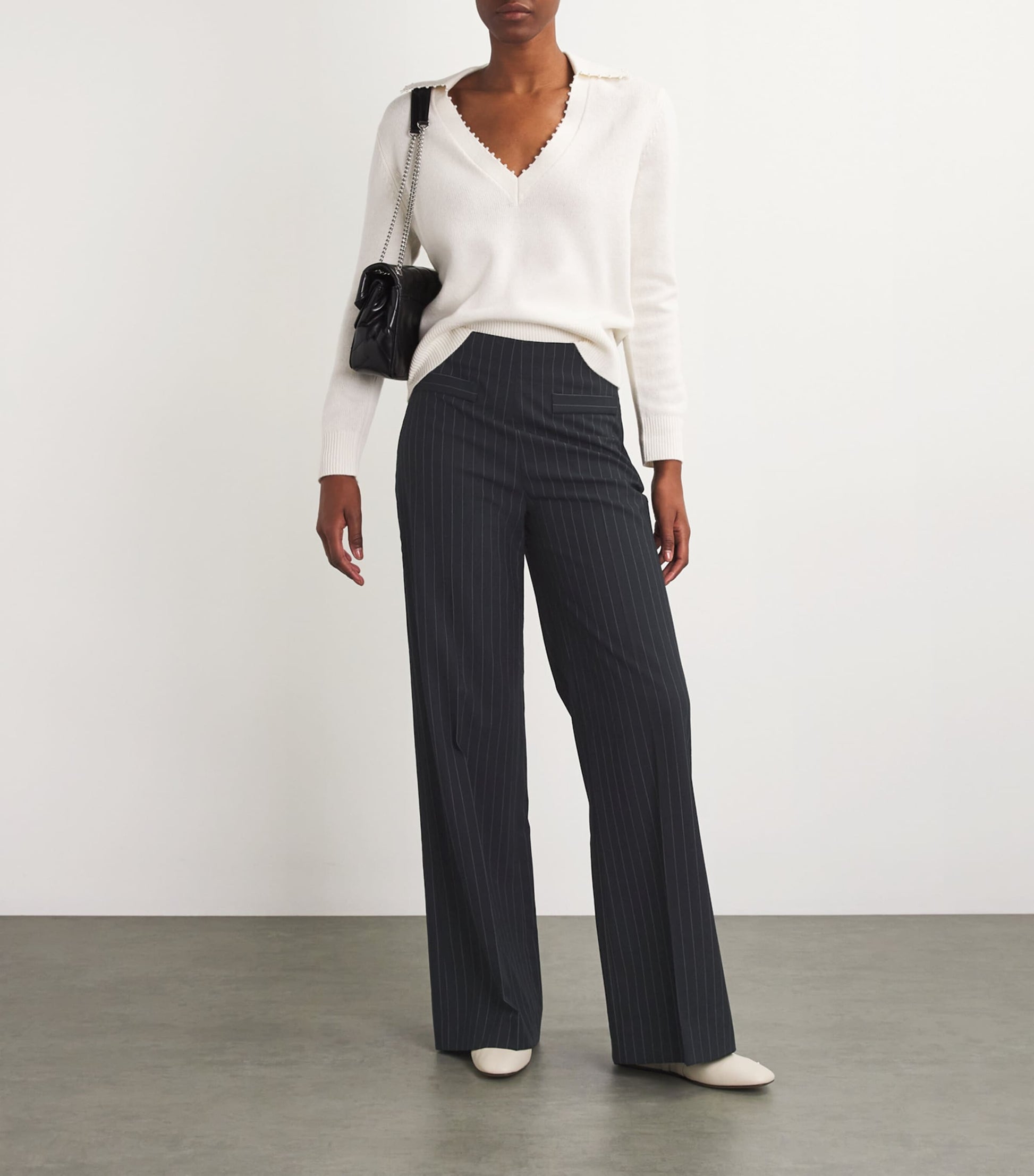 Black Pinstripe Wide-Leg Tailored Trousers