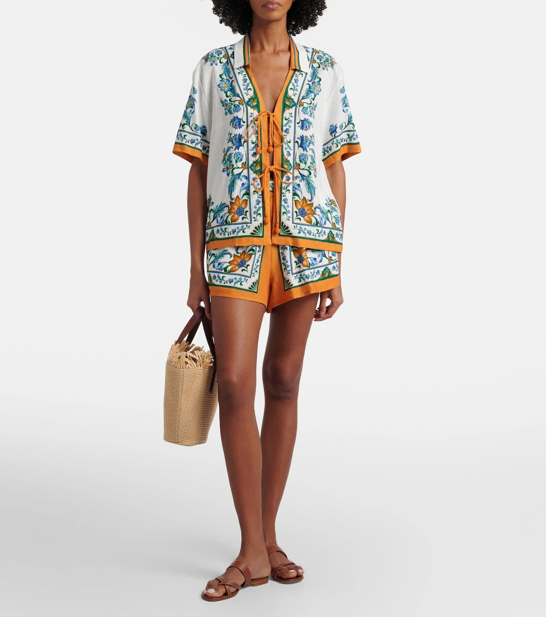 Farm Rio - Flora Tile floral linen-blend shorts