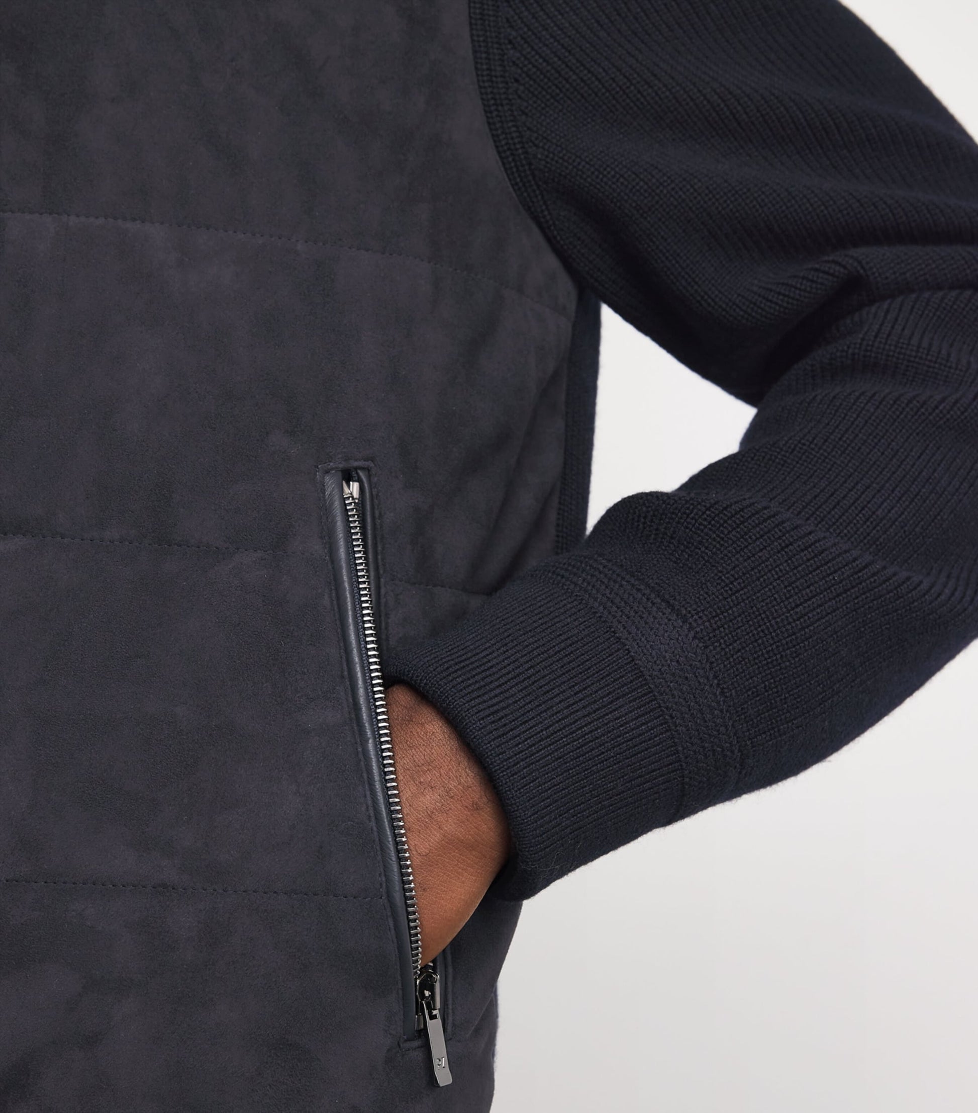 Navy Suede-Wool Bomber Jacket