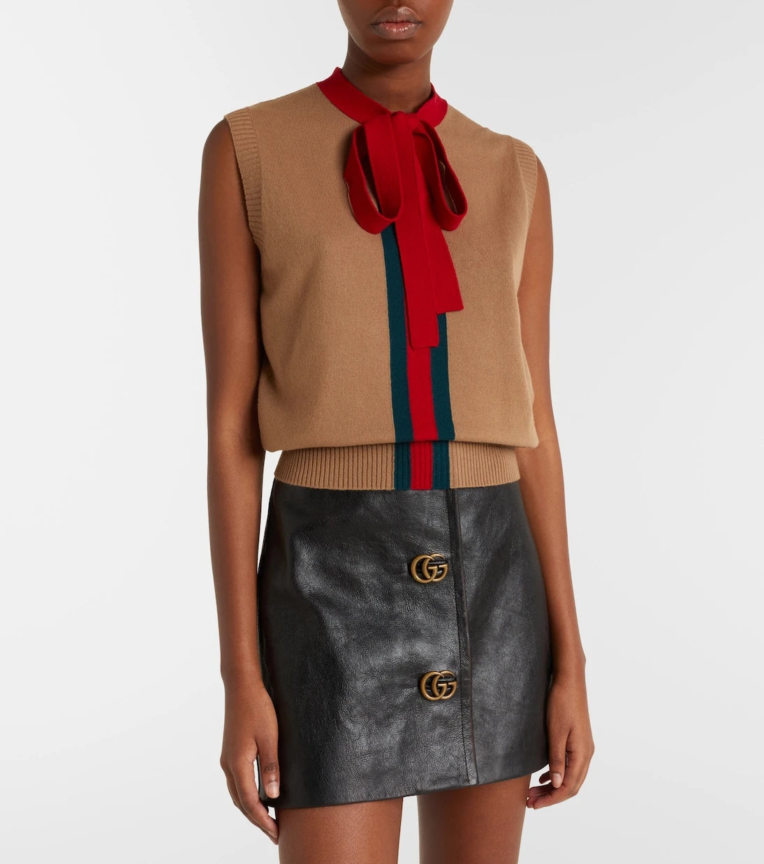 Gucci - Web Stripe tie-neck cashmere top