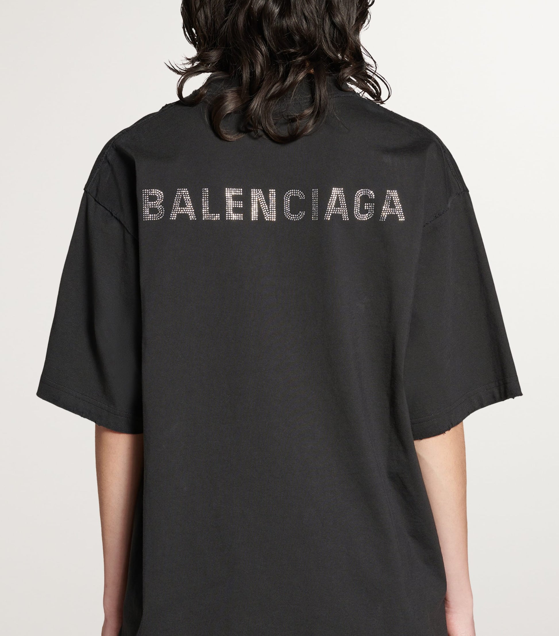 Balenciaga Black Distressed Rhinestone-Logo T-Shirt