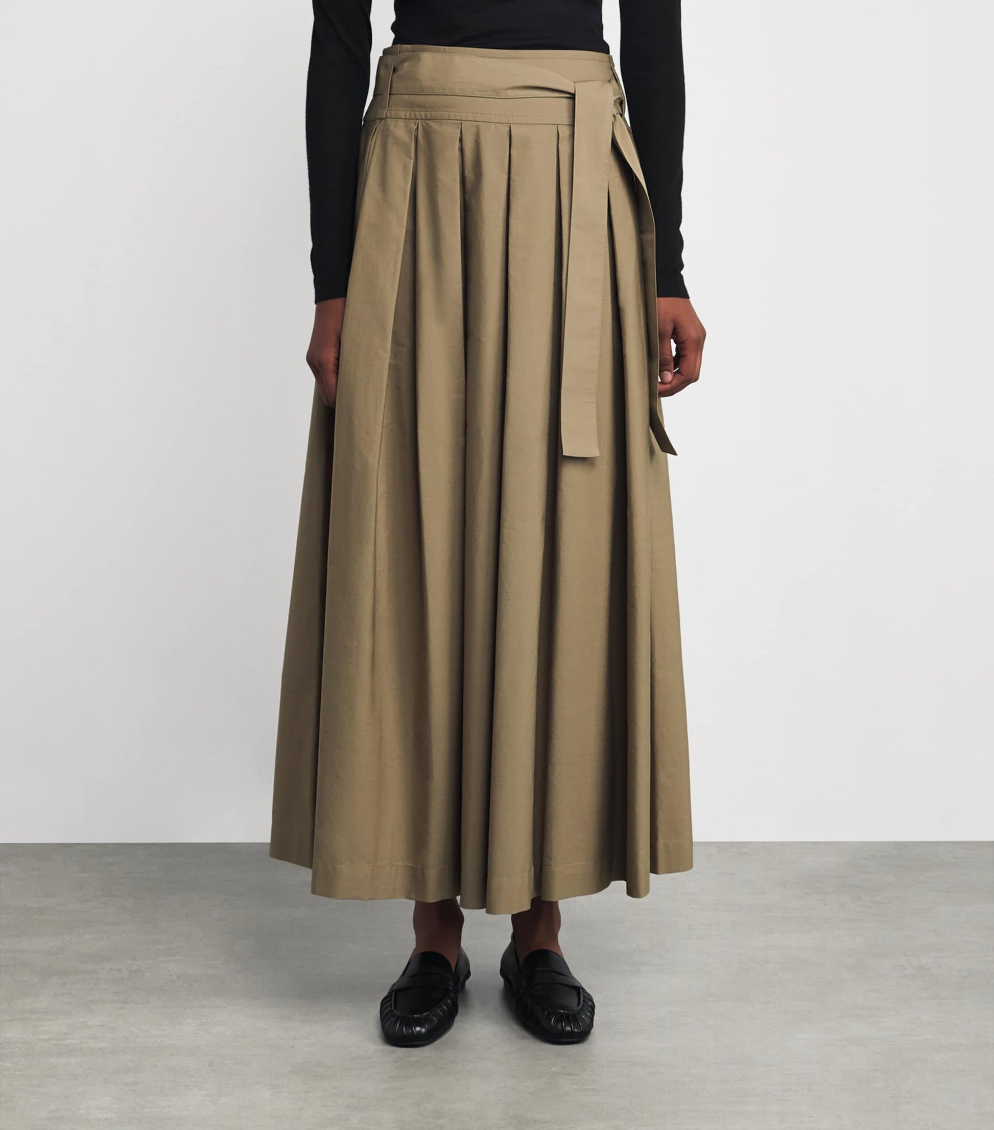Beige Cotton Pleated Maxi Skirt