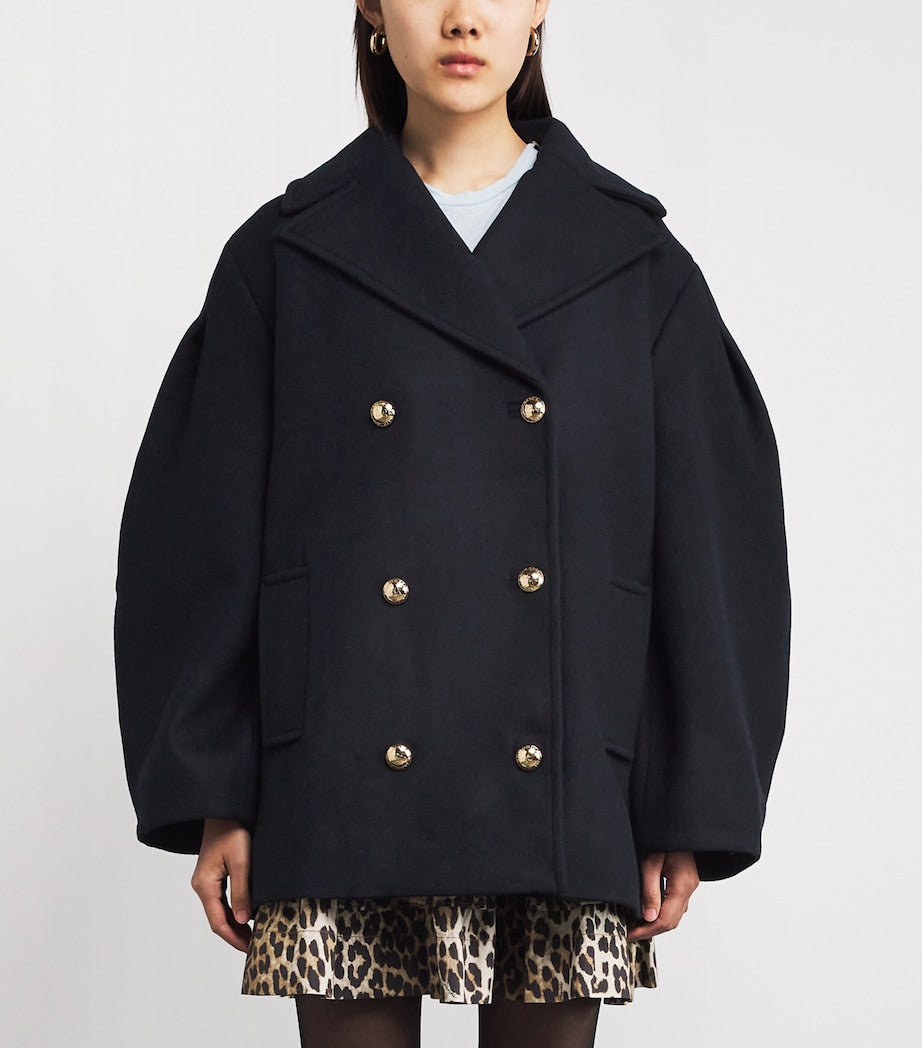 GANNI Black Recycled Wool-Blend Midi Pea Coat