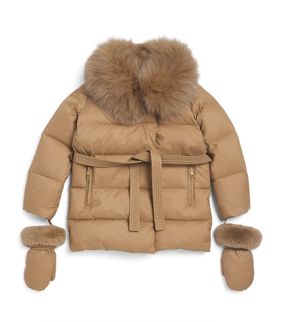 Yves Salomon Enfant Fur-Trim Down Puffer Jacket with Mittens (6 Years)