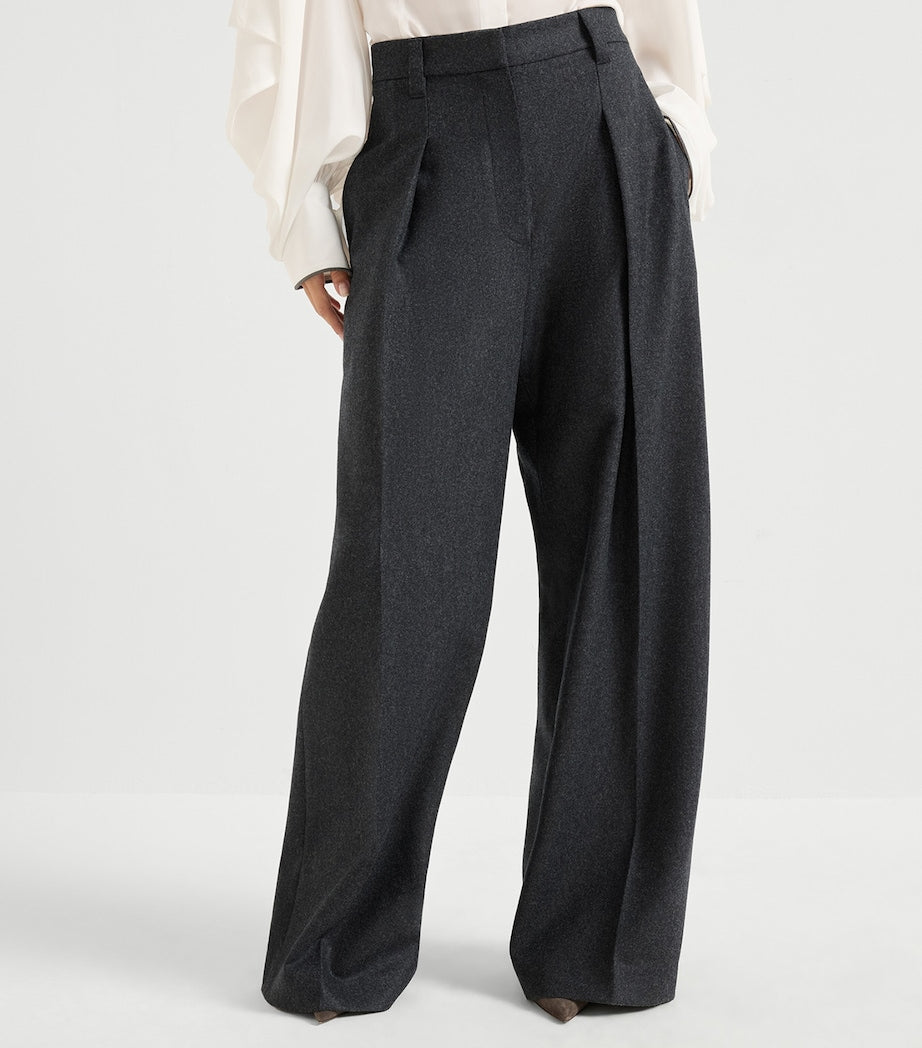 Black Virgin Wool Pleated Wide-Leg Trousers