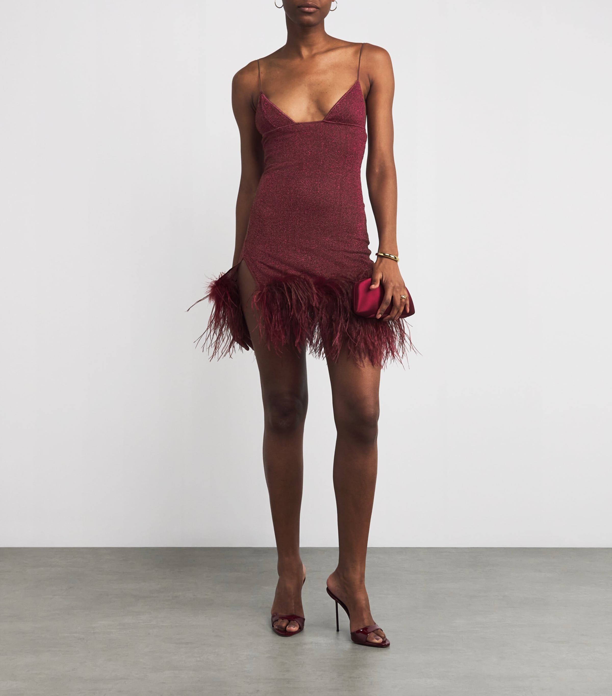 Oséree Burgundy Lumière Feather Mini Dress